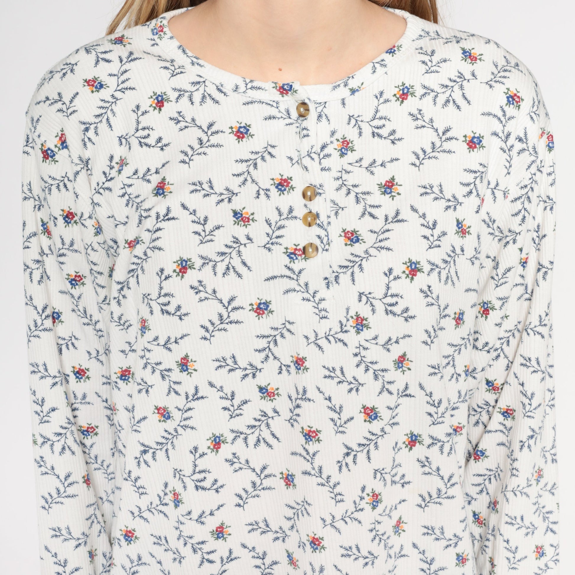 90s Floral Henley Long Sleeve Ribbed Shirt White Medium