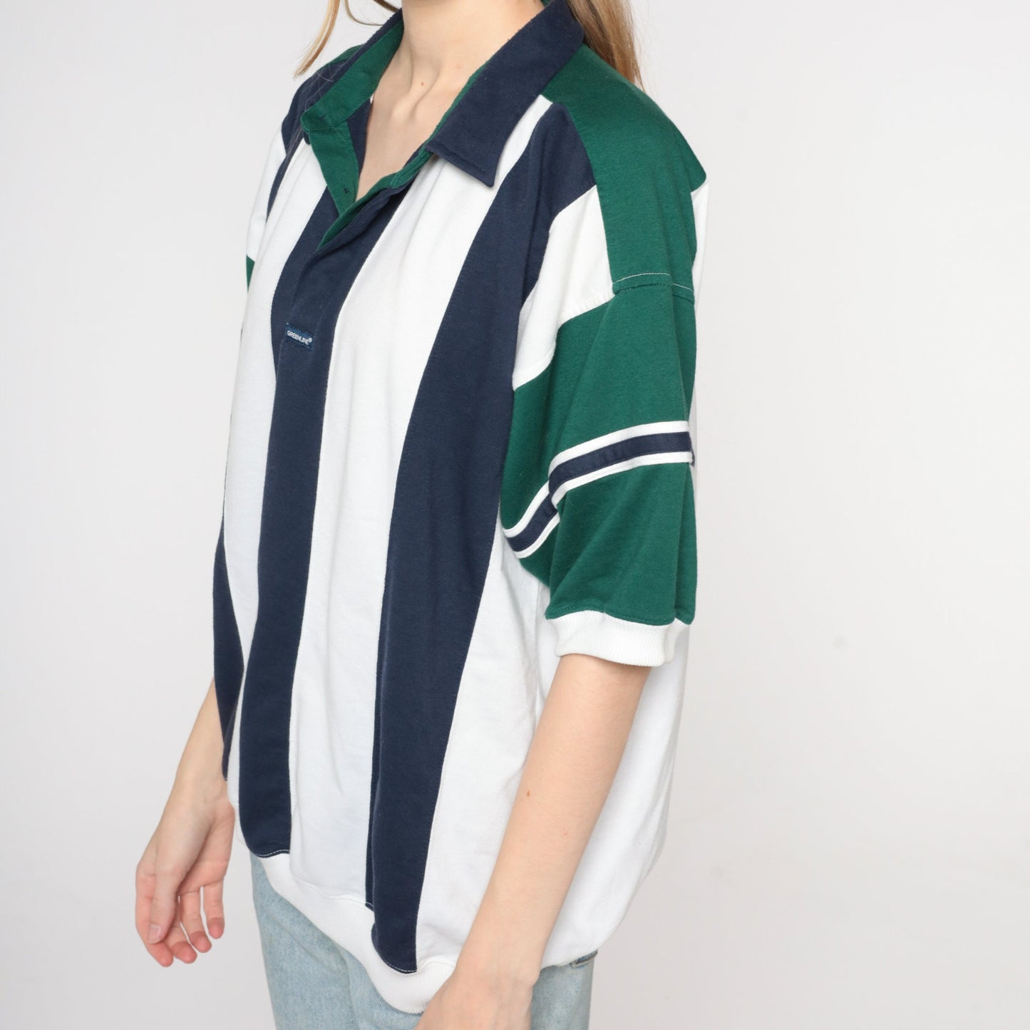 90s Striped Polo Shirt White Blue Green Banded Hem Men's Extra Large XL