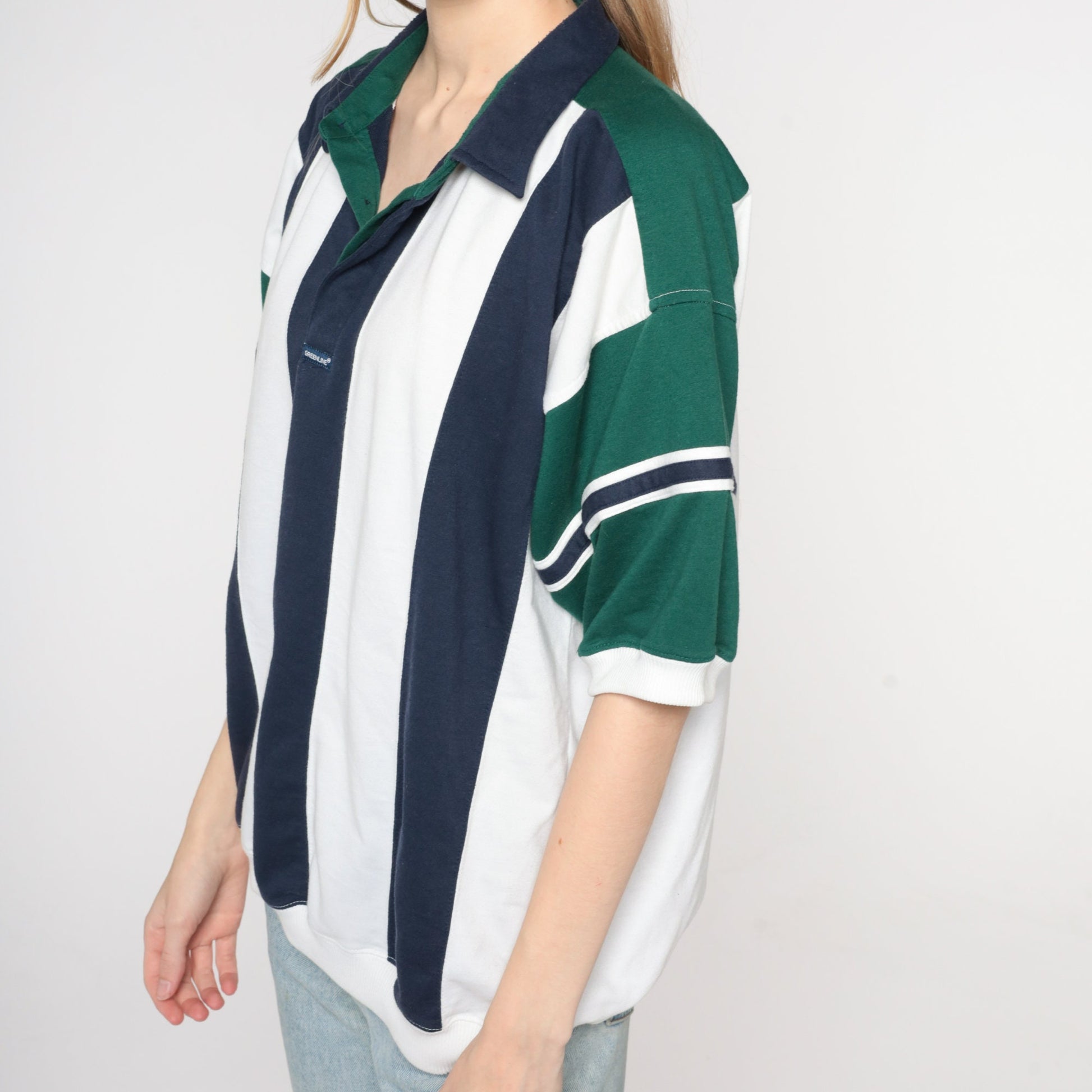 90s Striped Polo Shirt White Blue Green Banded Hem Men's Extra Large XL