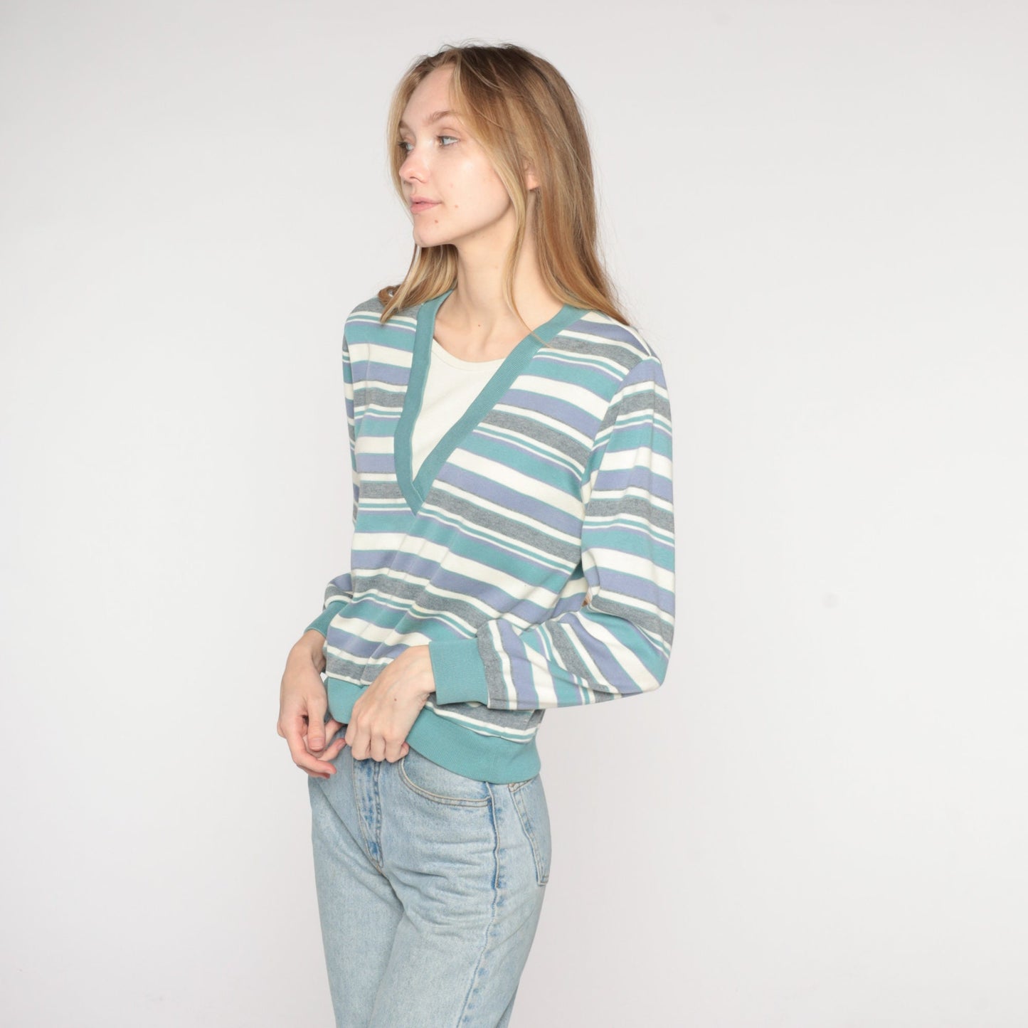 80s Striped Long Sleeve V-Neck Shirt White Blue Grey Small
