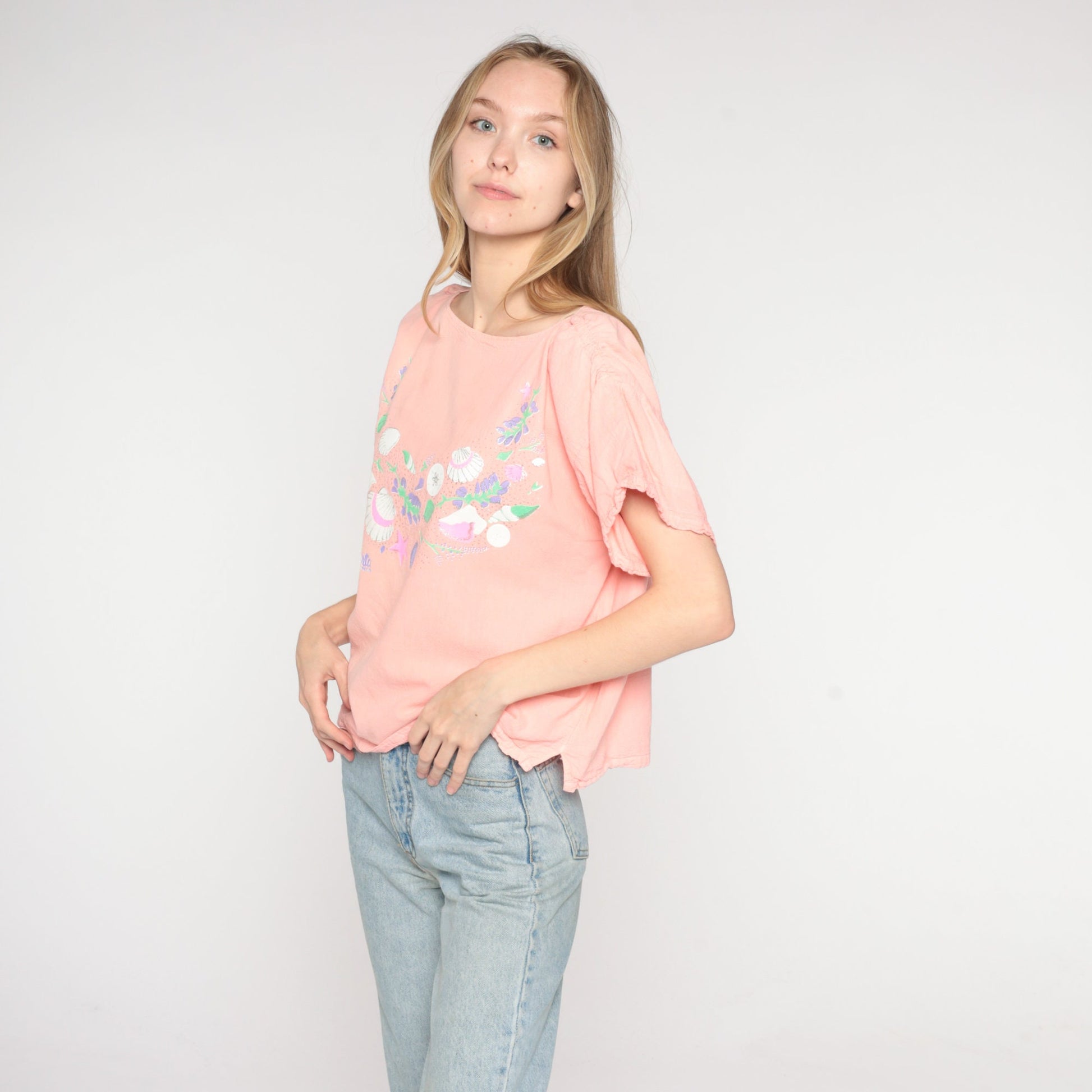 90s Puerto Vallarta Seashell Flower Print Pink Shirt Medium Large