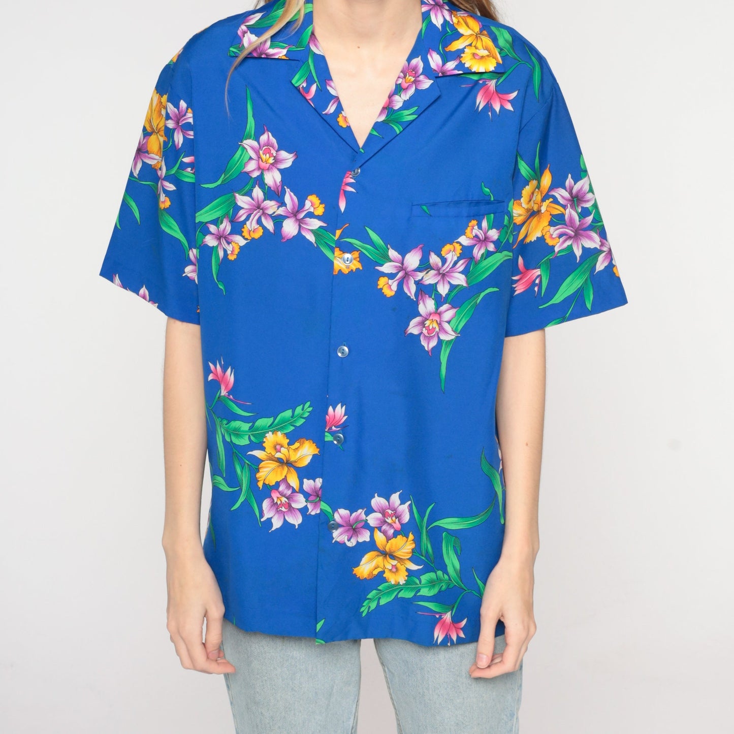 80s Blue Tropical Floral Hawaiian Shirt Button Up Short Sleeve Medium