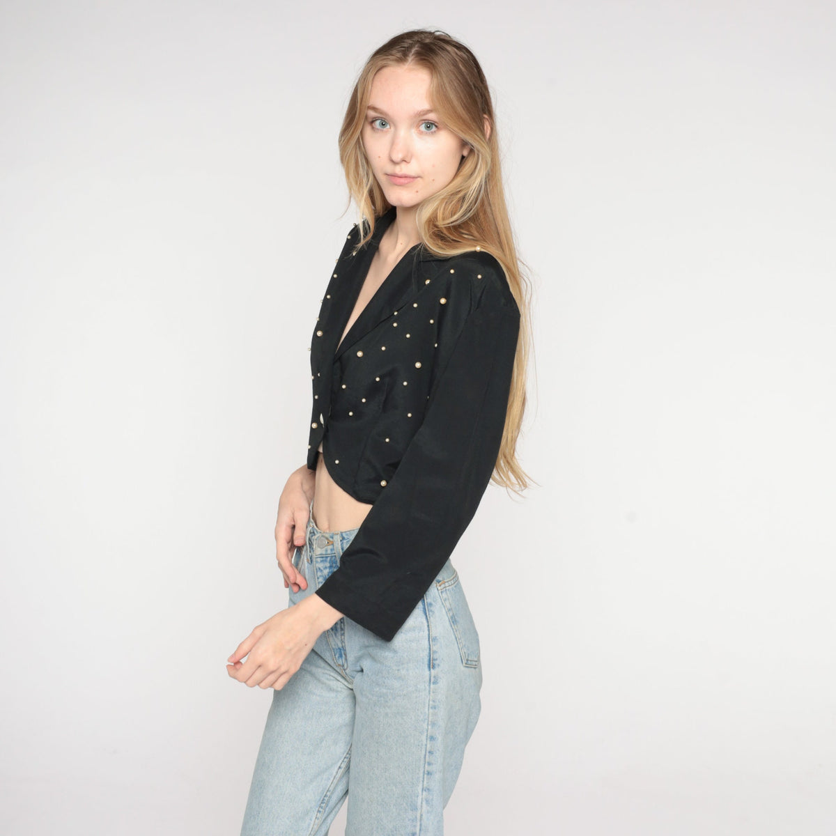 90s Black Cropped Blazer Pearl Beaded Single Button Jacket Medium