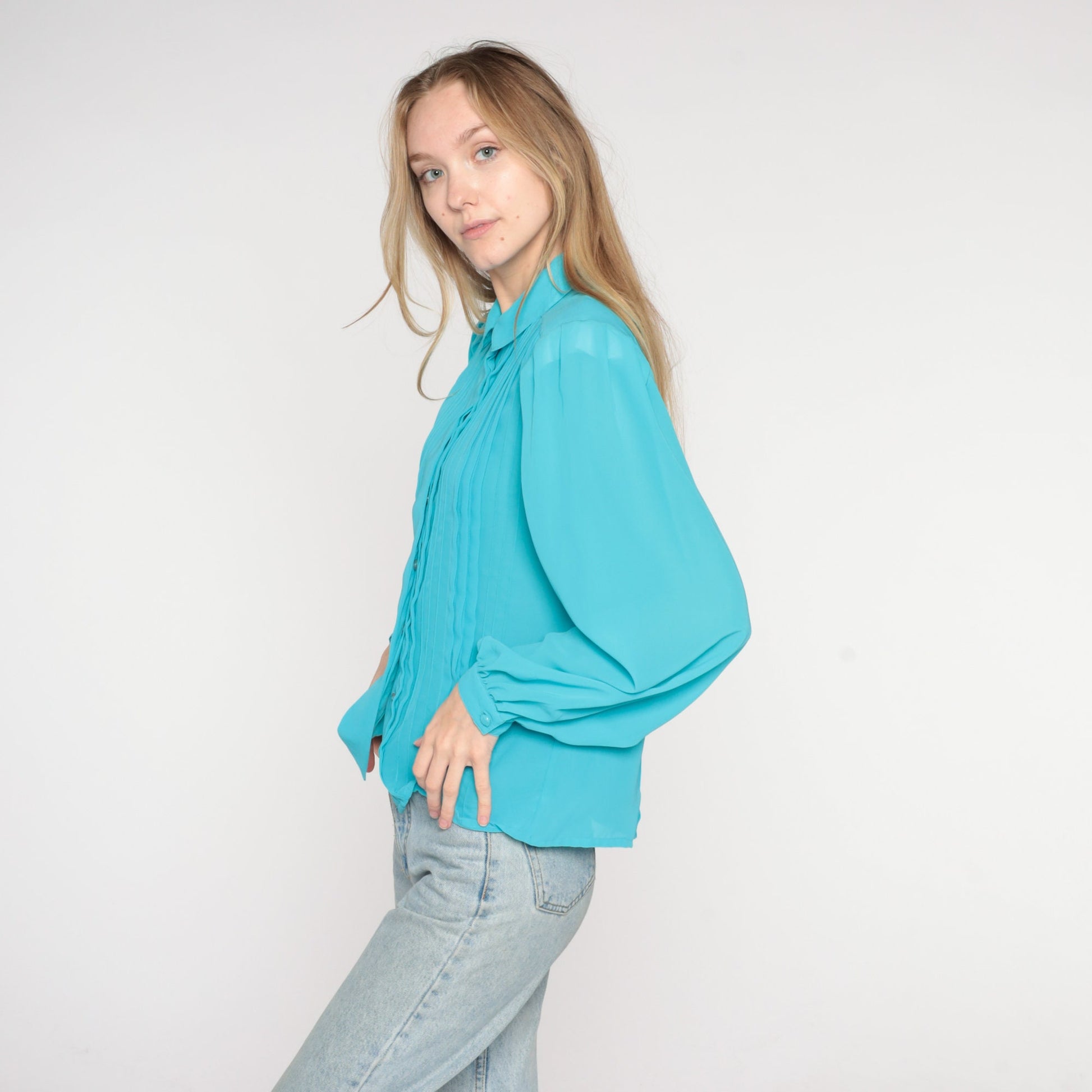 80s Blue Pleated Blouse Puff Sleeve Collared Button-Up Medium