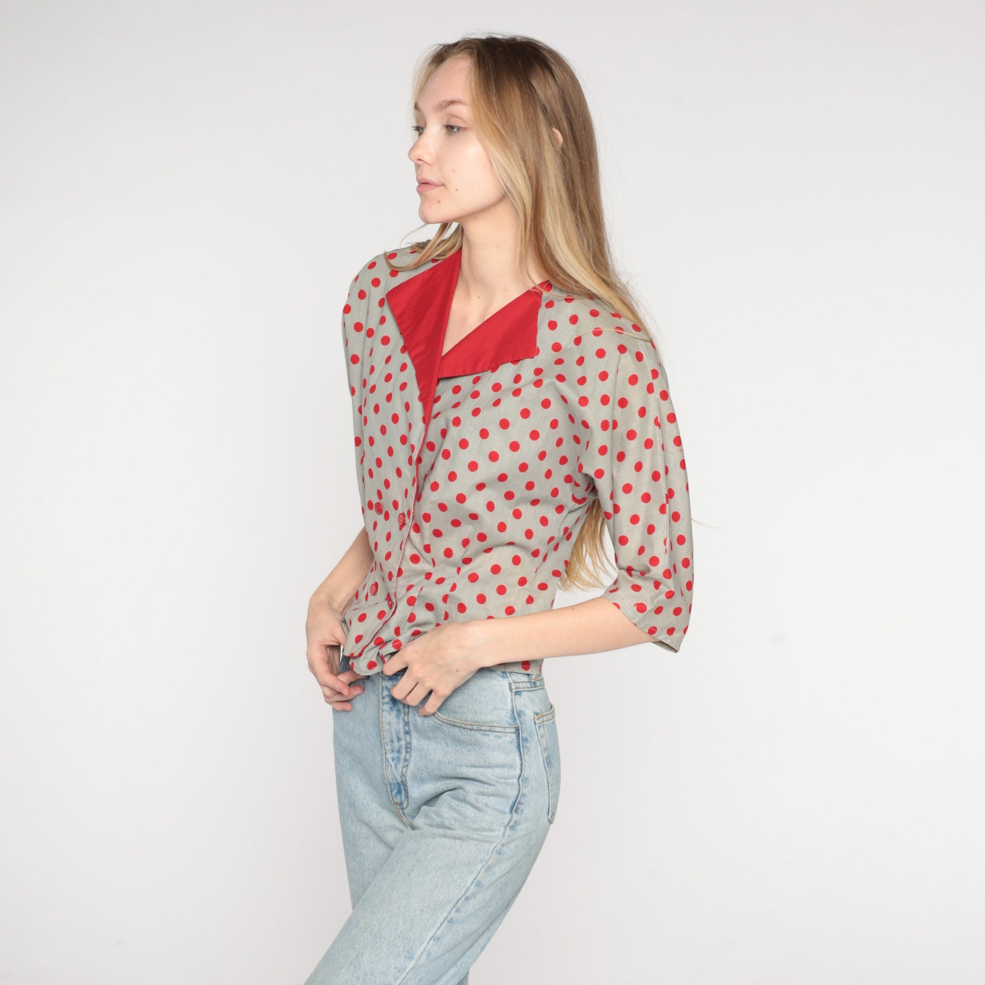80s Grey Polka Dot Cotton Blouse Double Breasted Red Collar Short Sleeve Small