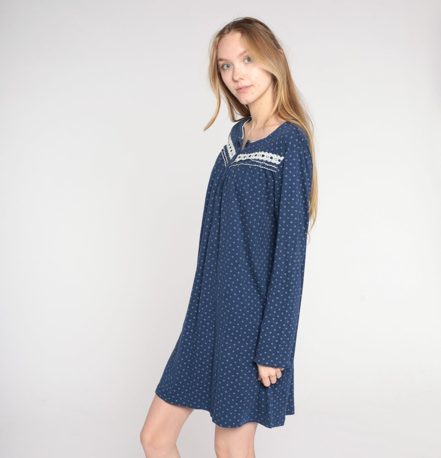 Y2K Navy Calico Floral Pajama Dress Long Sleeve Button-Up Nightgown Large L