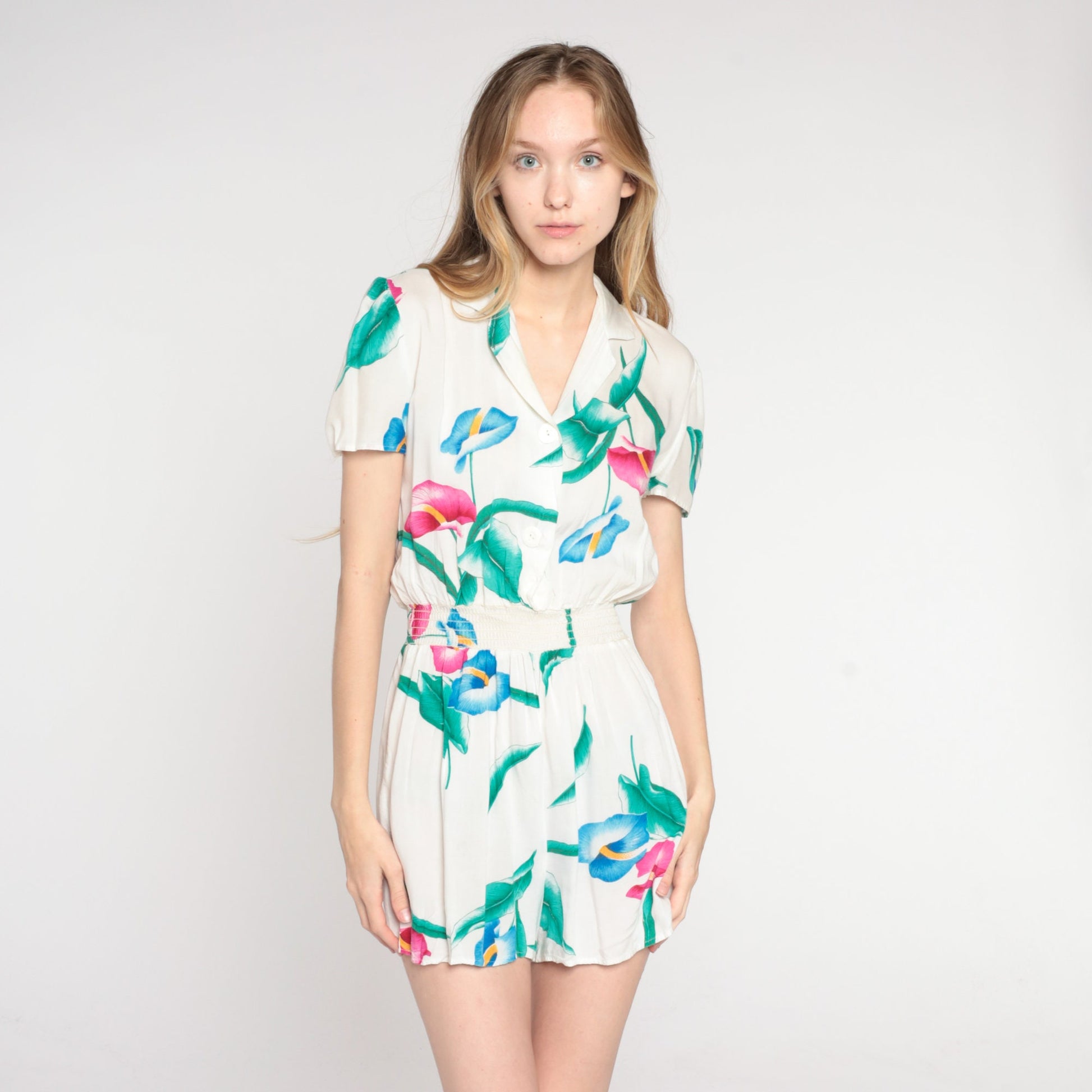 80s Tropical Floral White Romper Playsuit Puff Sleeve High Waist Small S
