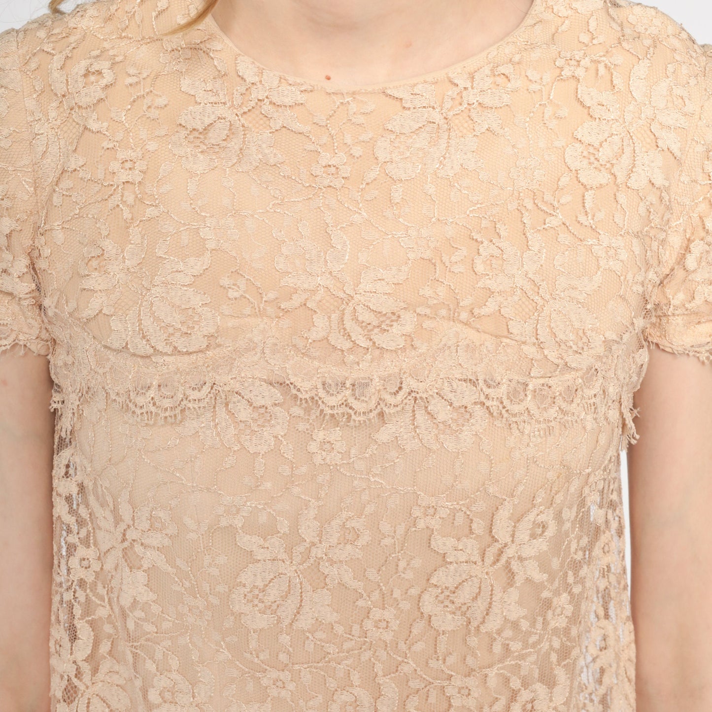 1960s Beige Lace Cocktail Dress Knee Length Sheath Short Sleeve Extra Small