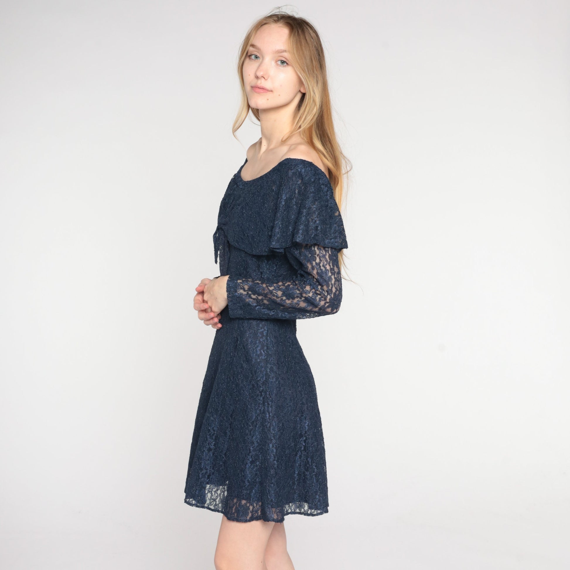 90s Navy Floral Lace Mini Dress Off-Shoulder Long Sleeve Small S