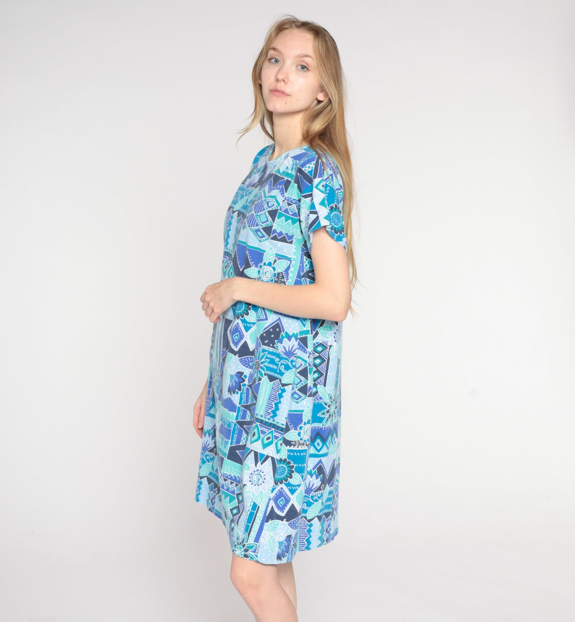 90s Blue Geometric Floral Mini Dress Short Sleeve Shift Dress Large