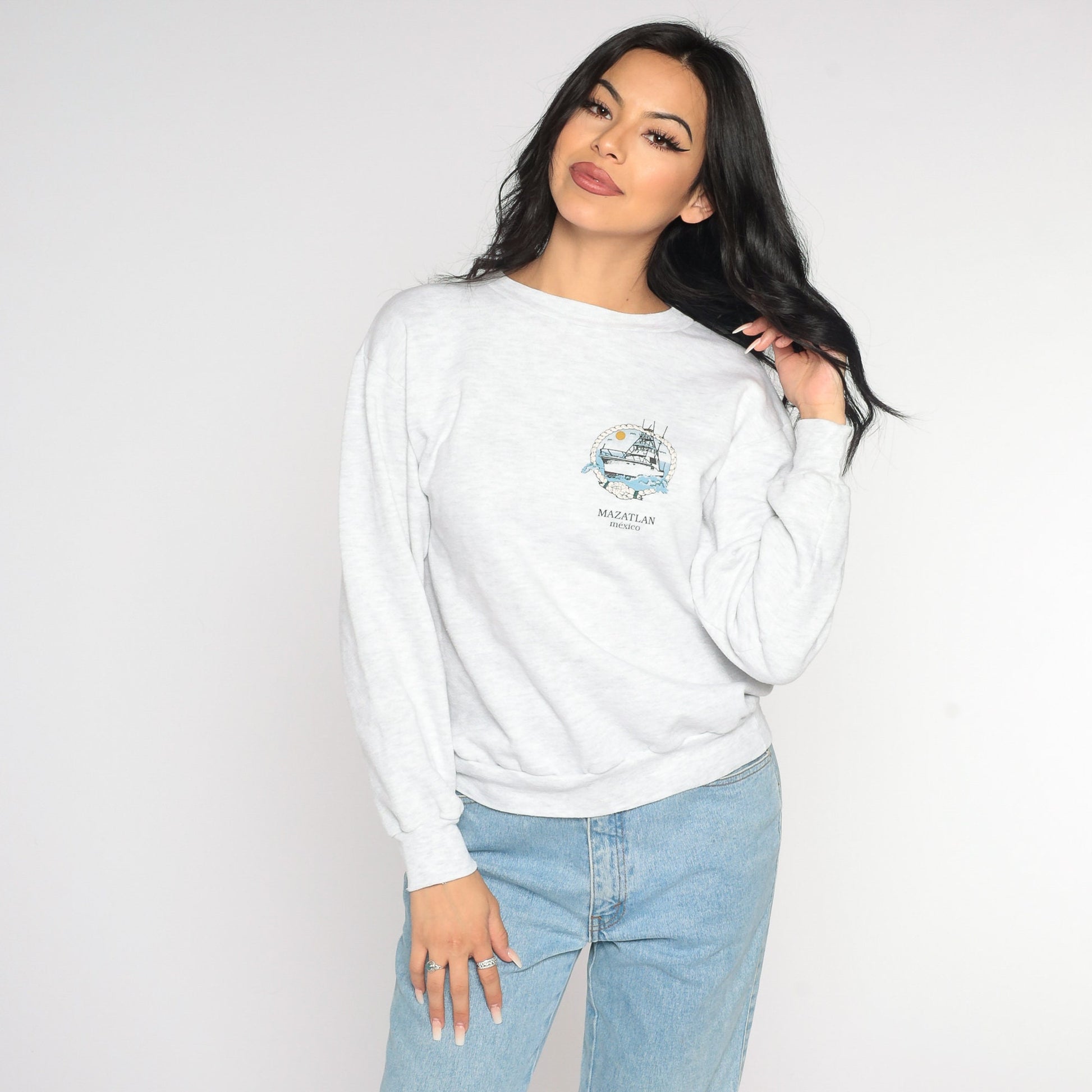 90s Mazatlan Mexico Fishing Sweatshirt Grey Crewneck Small