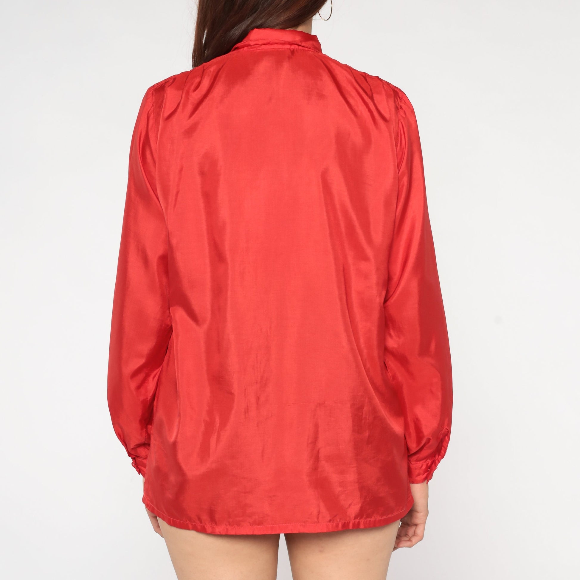 80s Red Button-Up Blouse Rounded Collar Long Sleeve Shirt Medium