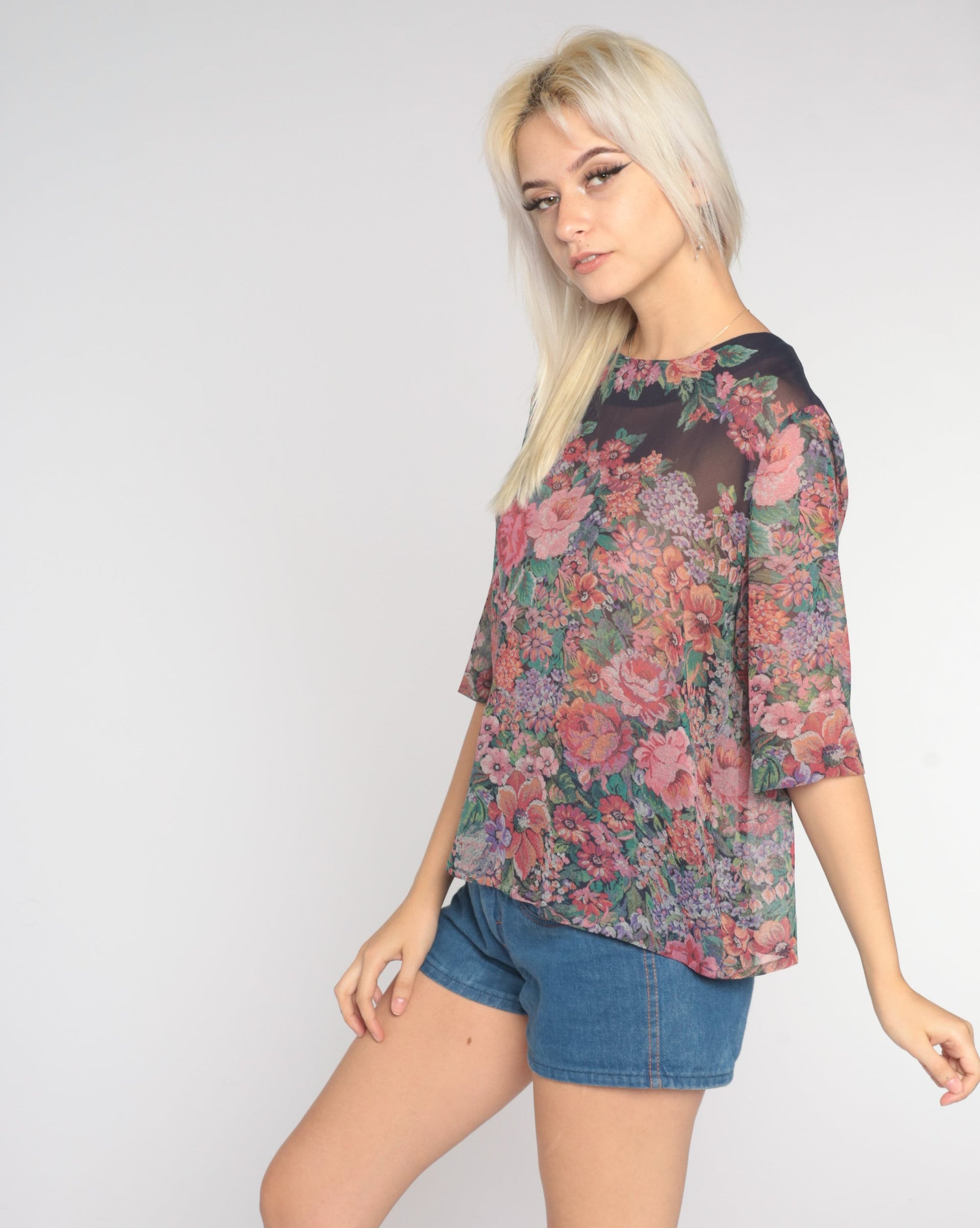 90s Sheer Floral Blouse Black Botanical Print 3/4 Sleeve Medium Large