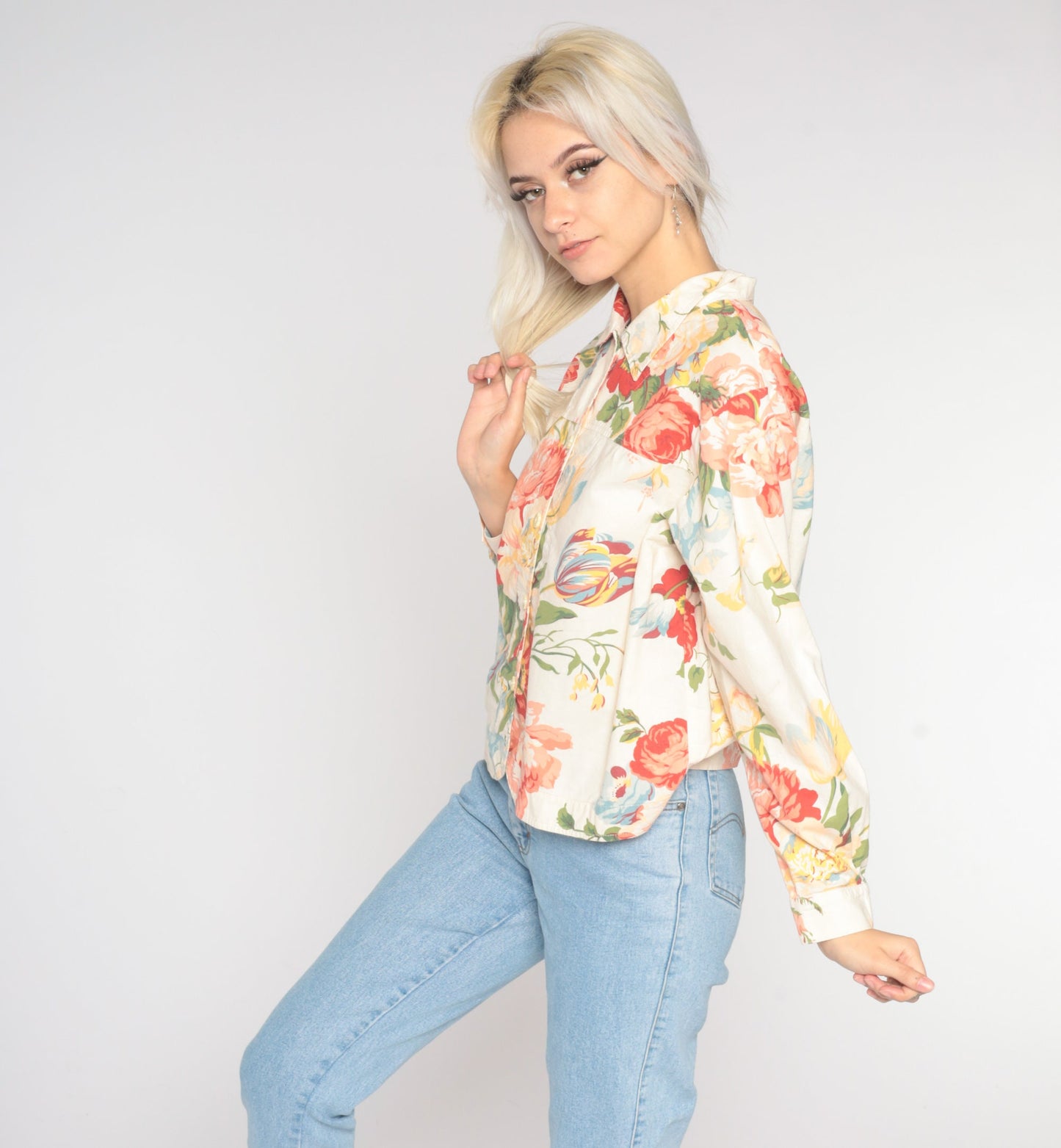 00s Coldwater Creek Floral Button-Up Blouse Cream Long Sleeve Medium Petite