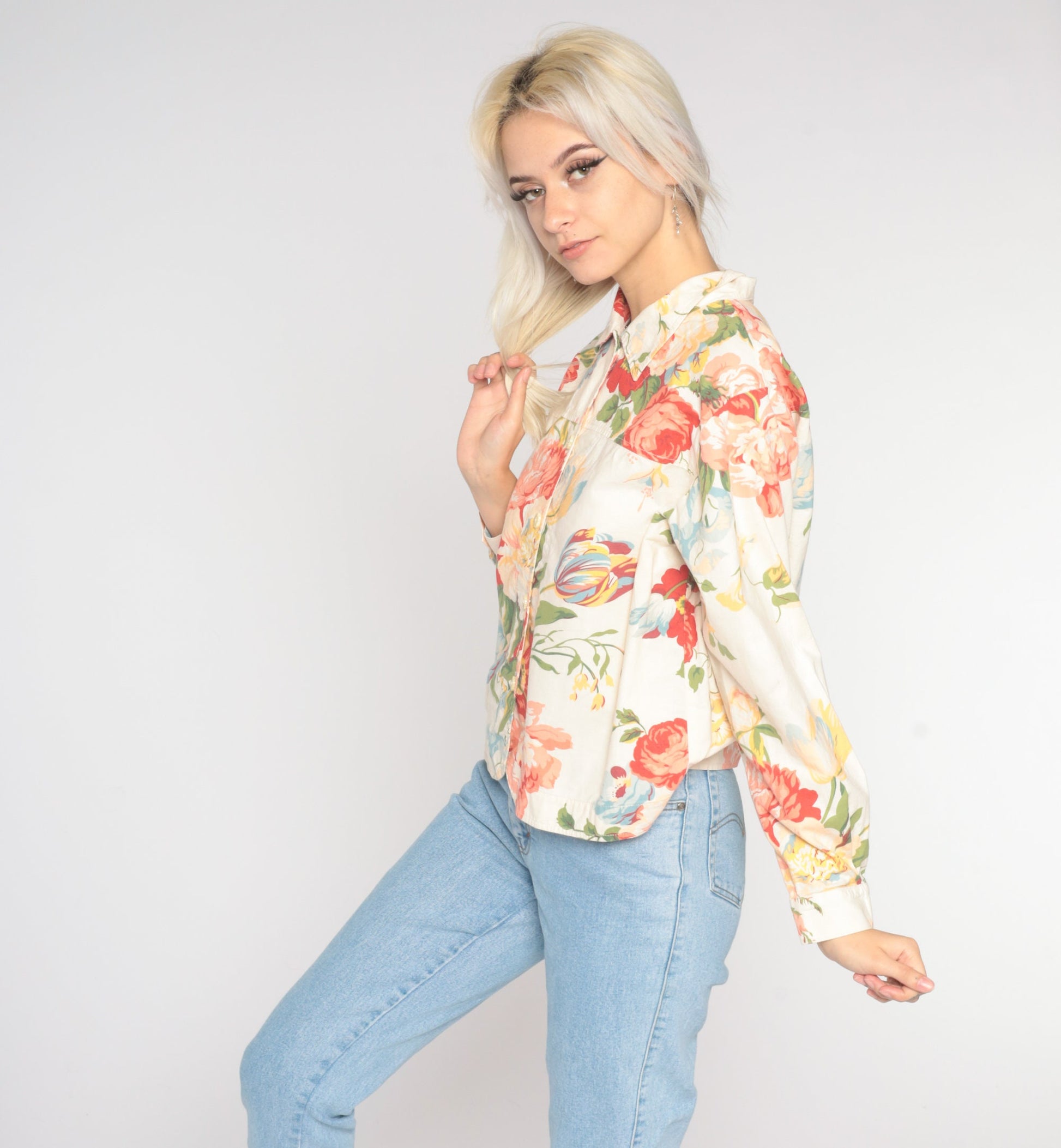 00s Coldwater Creek Floral Button-Up Blouse Cream Long Sleeve Medium Petite