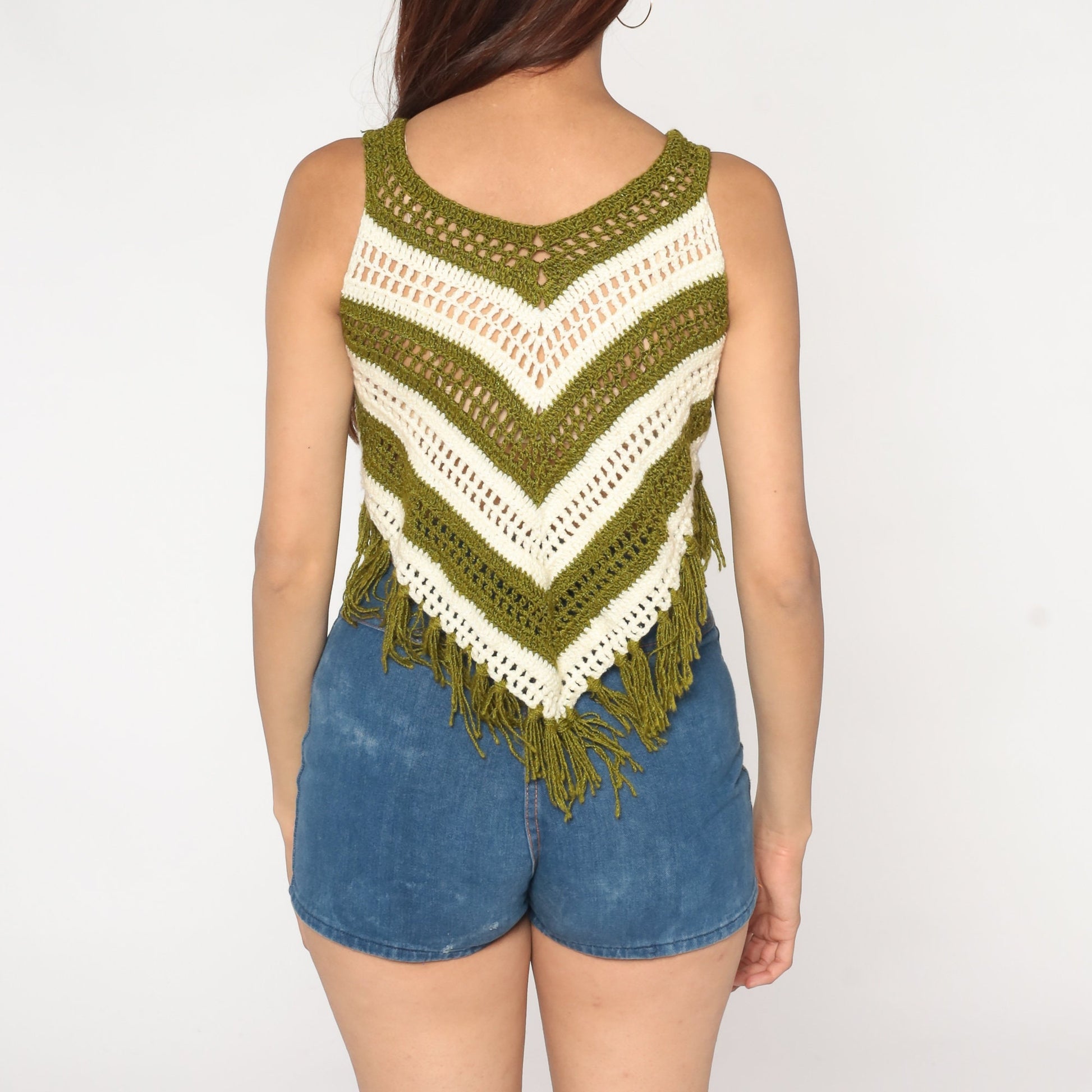 70s Striped Knit Tank Top Green Cream Fringe Sleeveless XXS