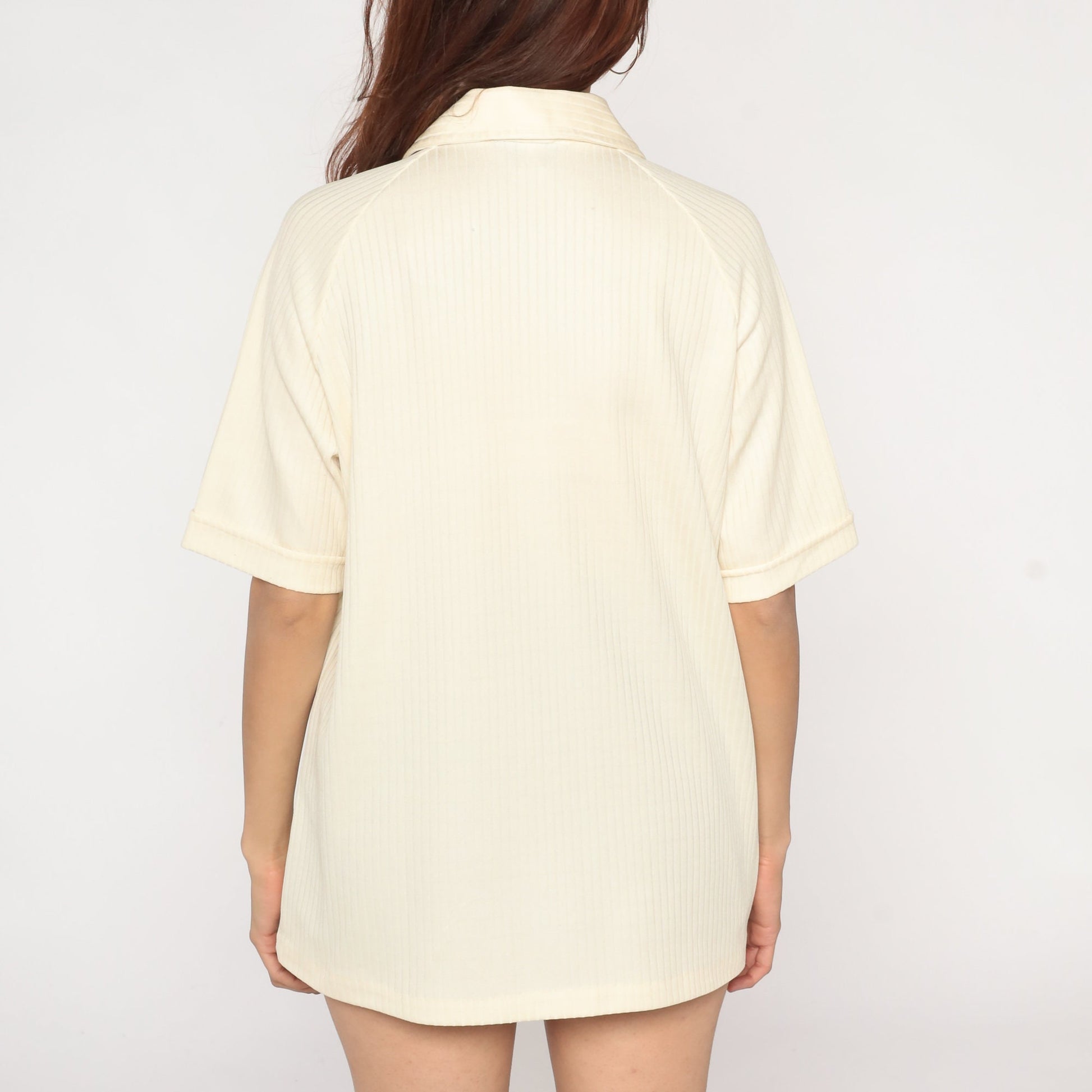 70s Cream Ribbed Polo Shirt Chain Pocket Short Sleeve Mens Medium