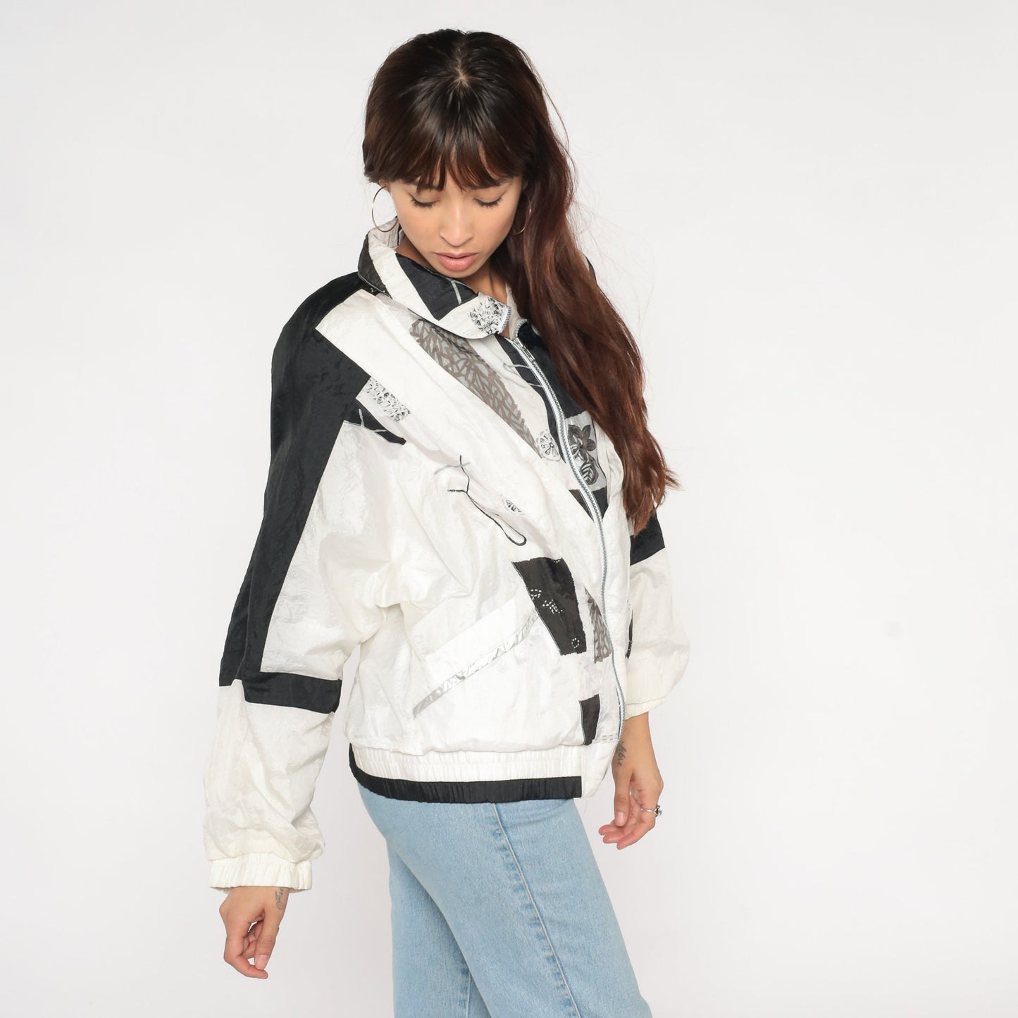 90s Abstract Floral Windbreaker Black White Nylon Zip Jacket Large L
