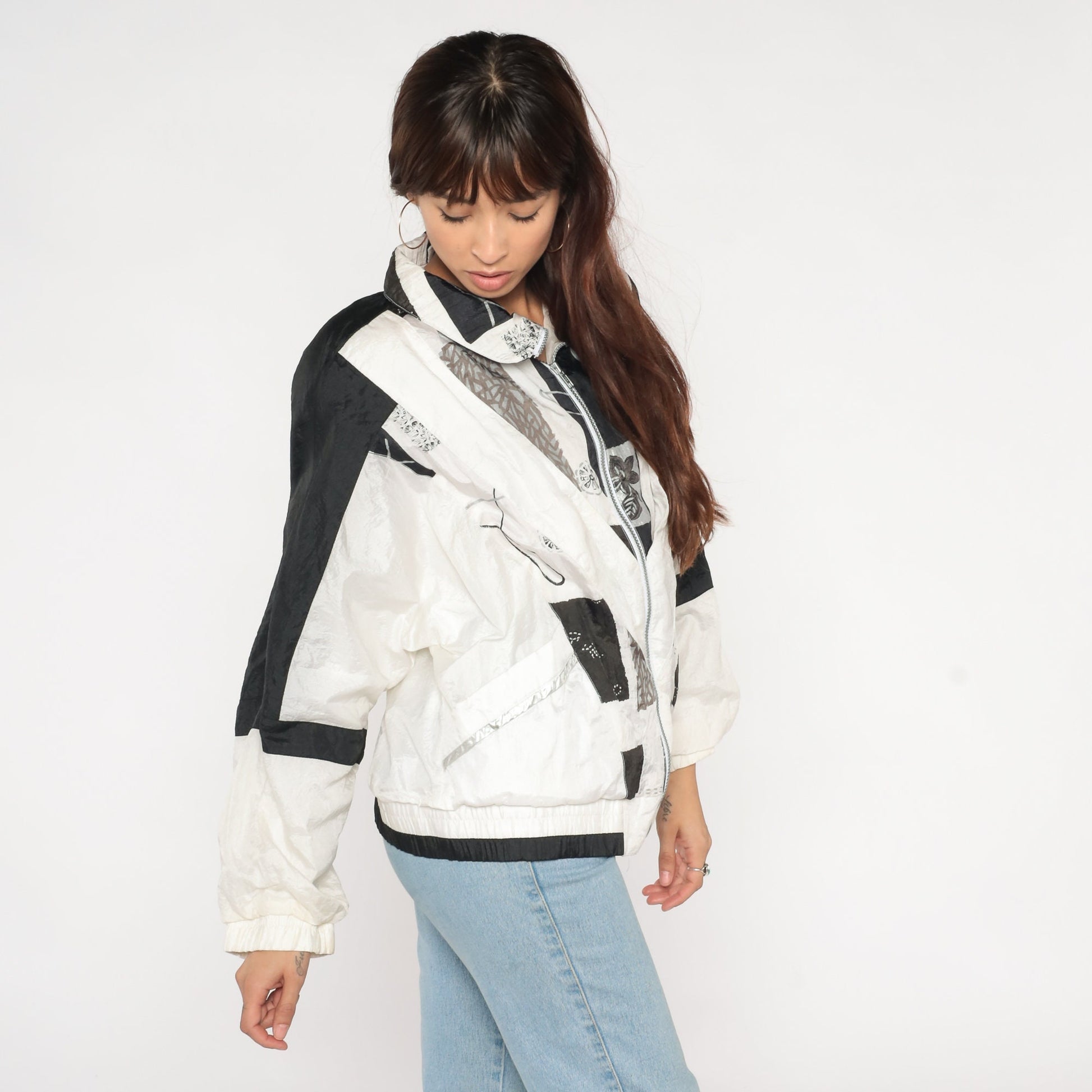 90s Abstract Floral Windbreaker Black White Nylon Zip Jacket Large L