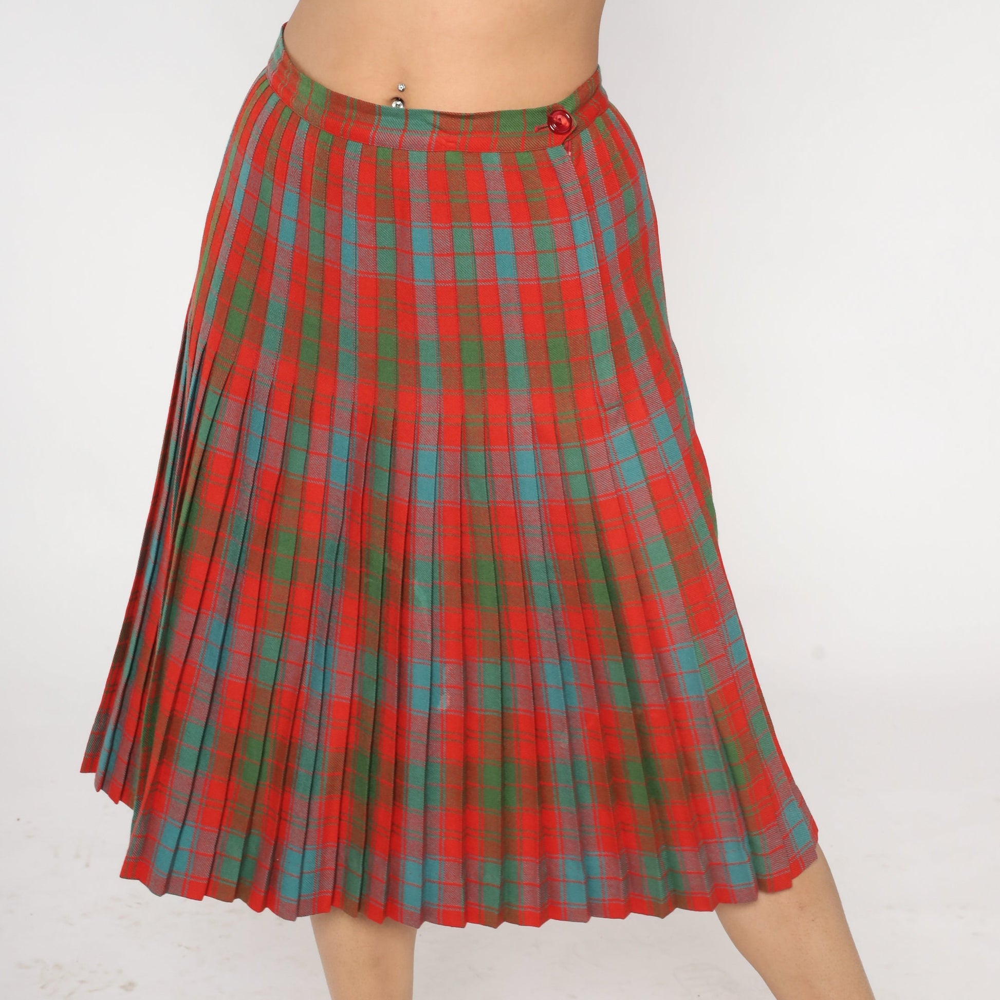 60s Plaid Wool Midi Skirt High Waist Pleated Tartan Red Blue Green Medium