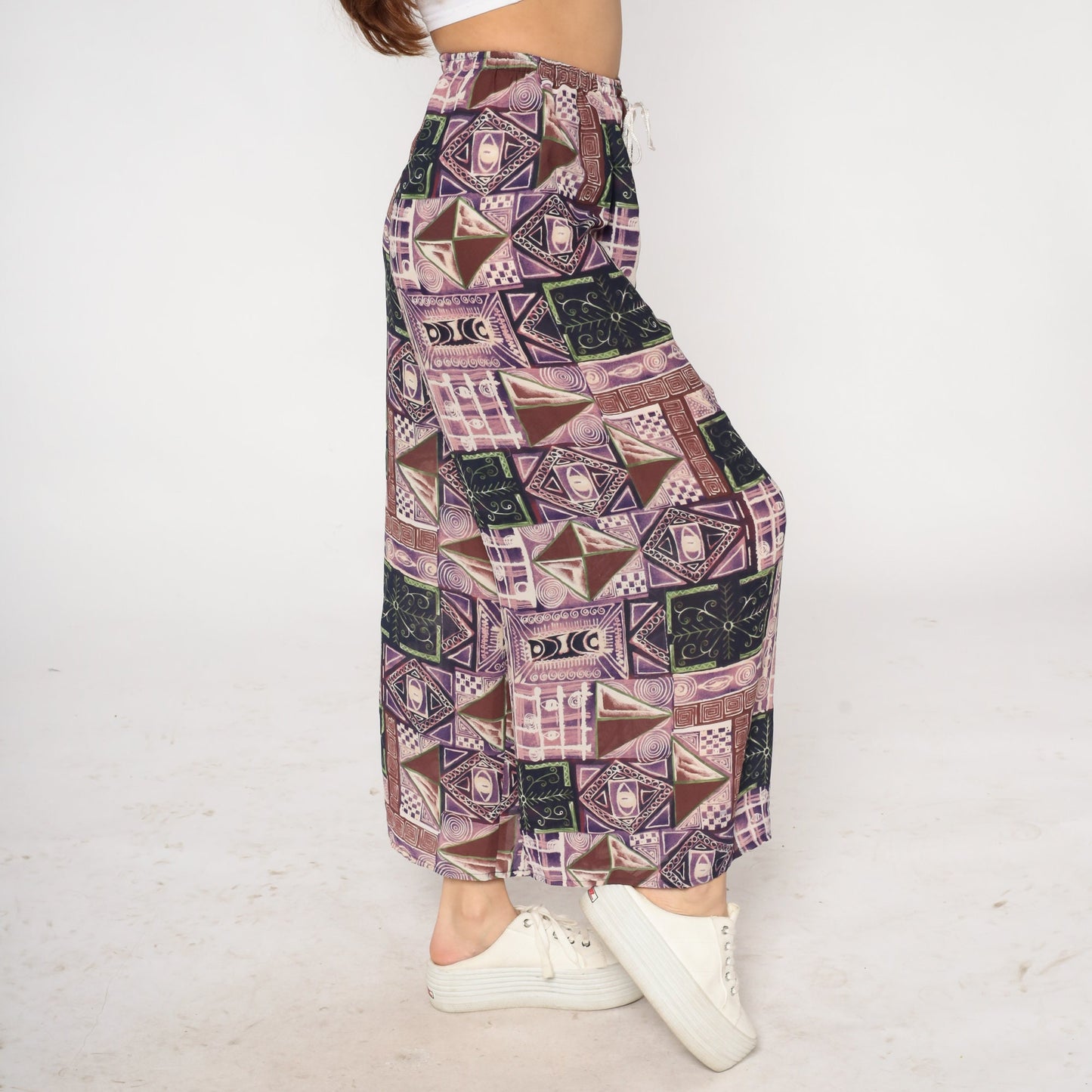 90s Patchwork Abstract Print Wide Leg Pants Purple Drawstring Waist Small