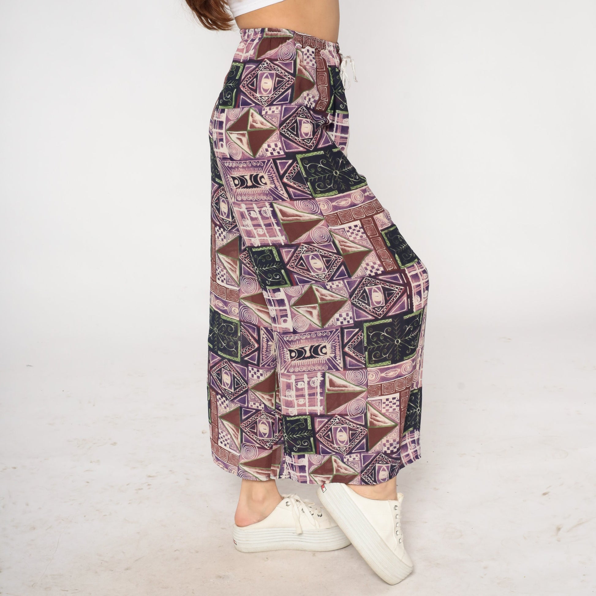 90s Patchwork Abstract Print Wide Leg Pants Purple Drawstring Waist Small