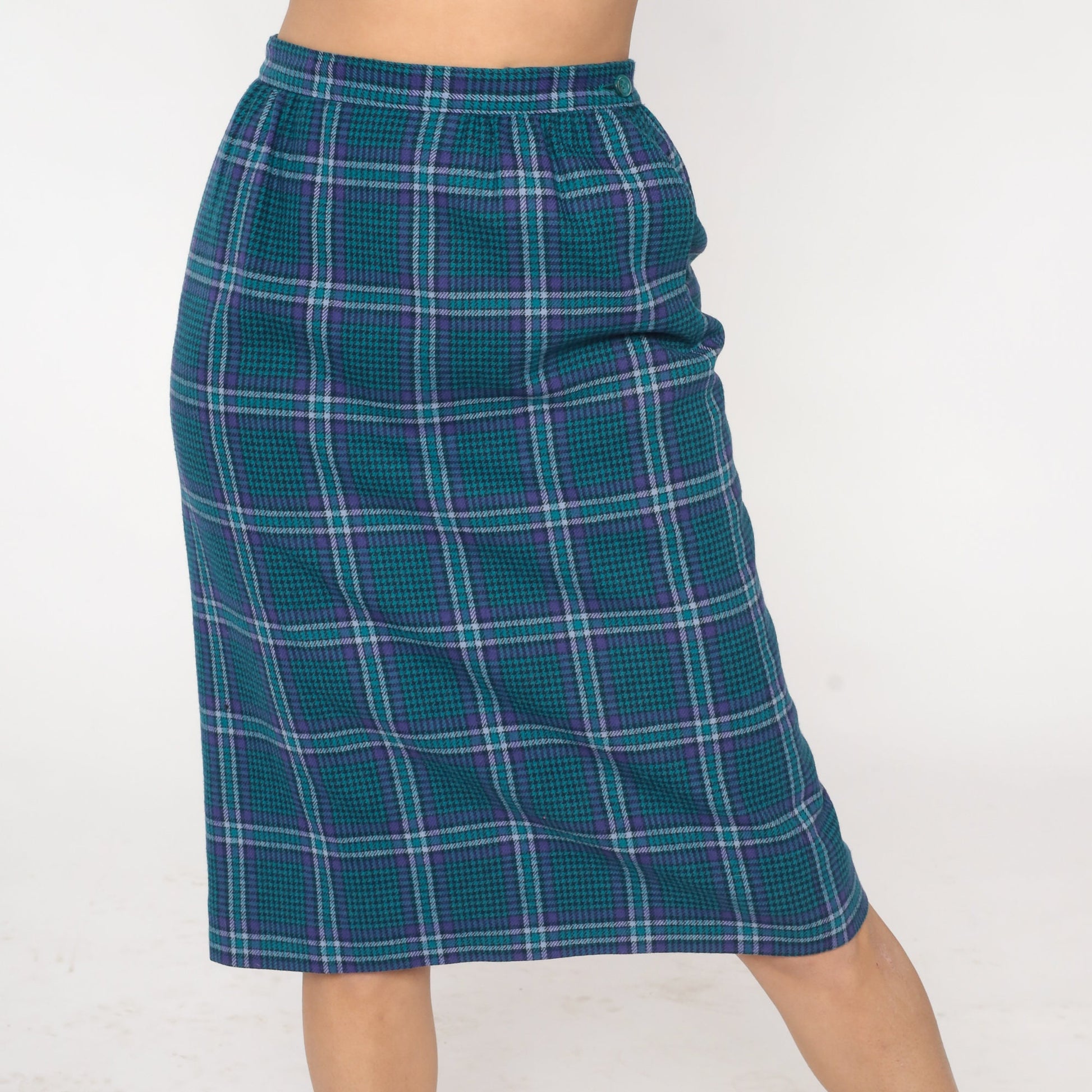 Pendleton Wool Plaid Midi Skirt 80s Blue High Waist Pencil Medium