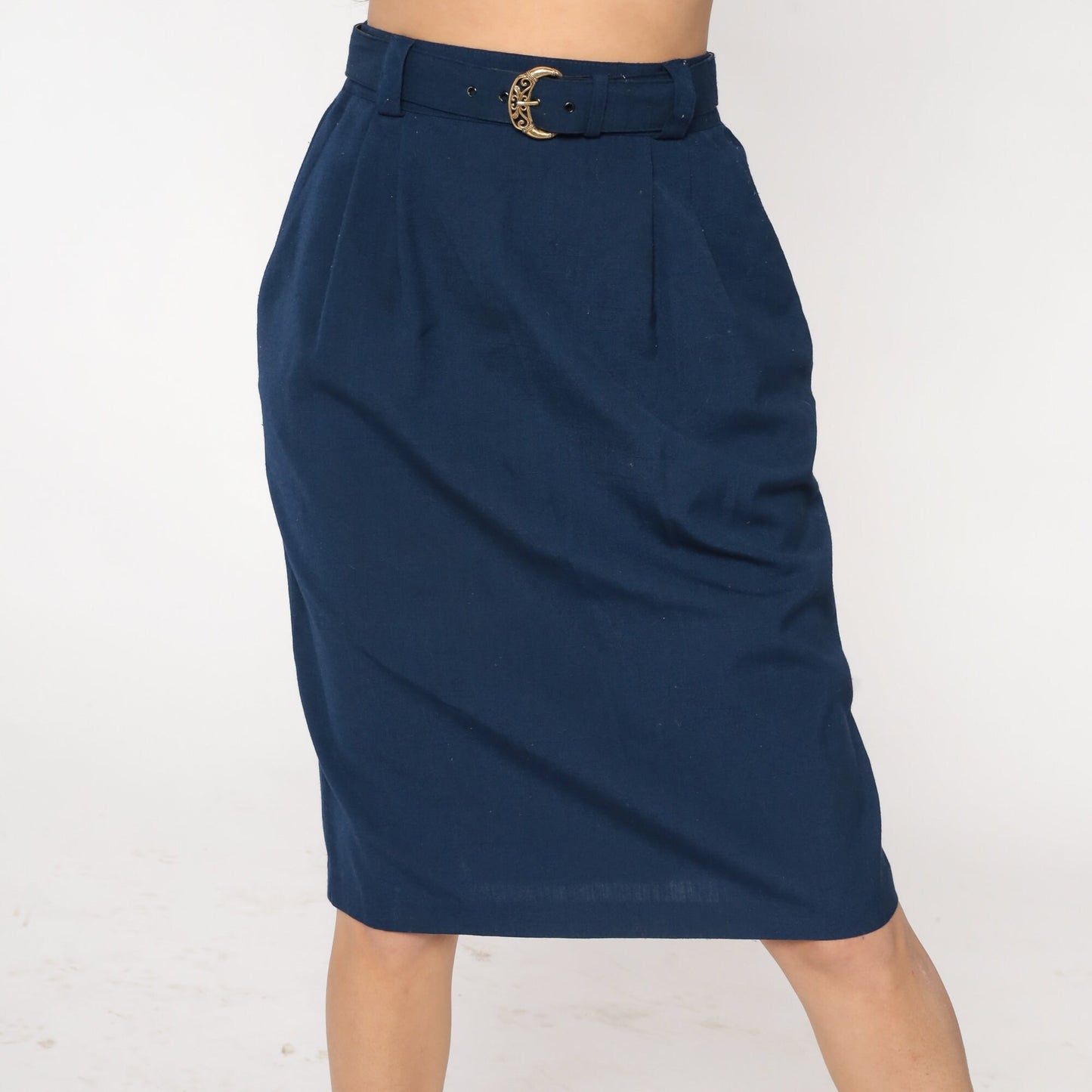 80s Navy Pencil Skirt High Waisted Knee Length Belted Small
