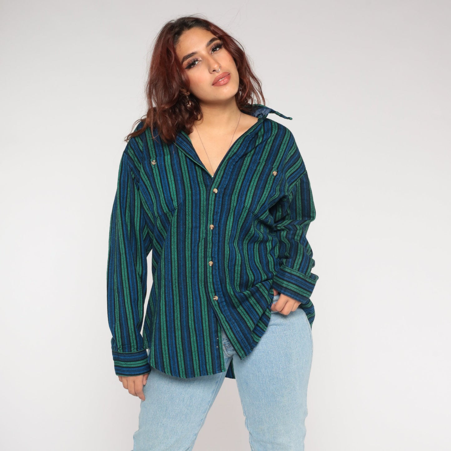 90s Woven Striped Button-Up Shirt Blue Green Long Sleeve Collared Extra Large