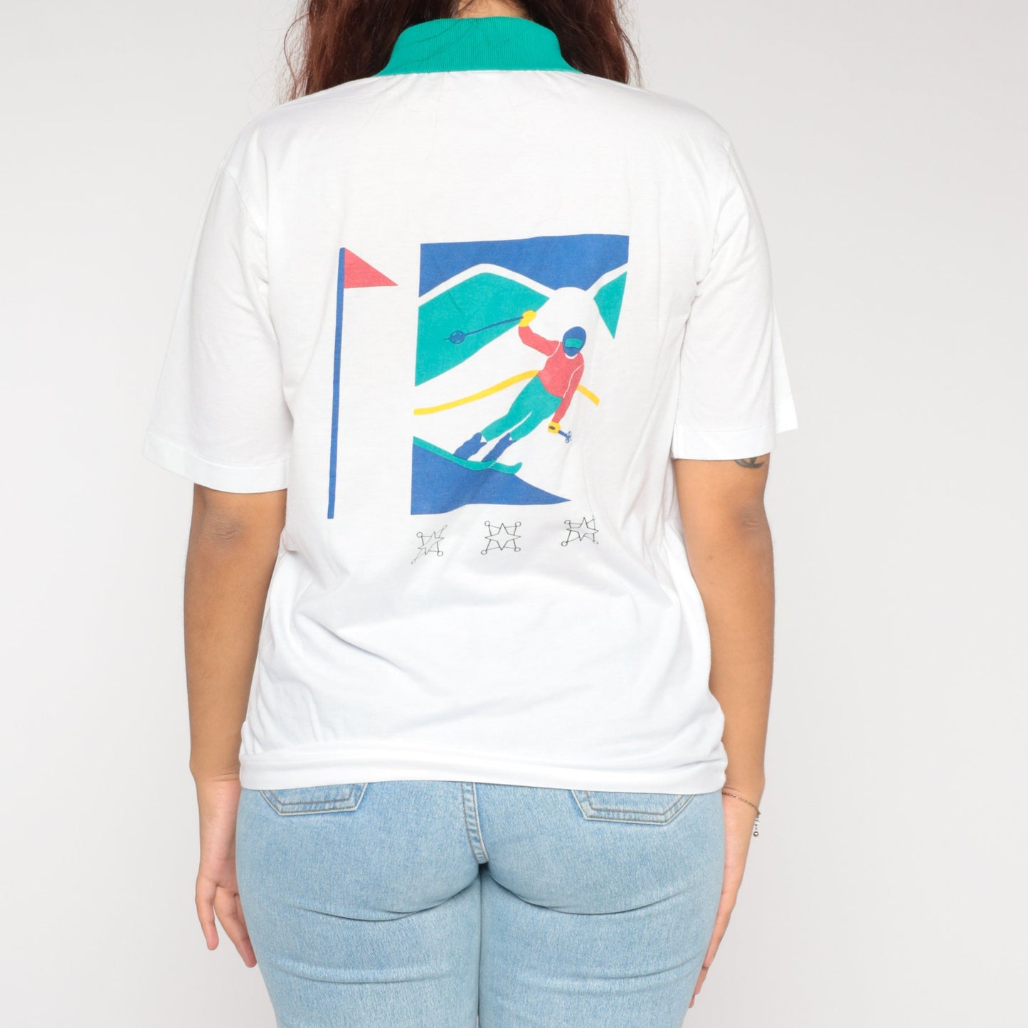 90s White Polo Shirt Green Collar Skier Graphic Short Sleeve Medium M