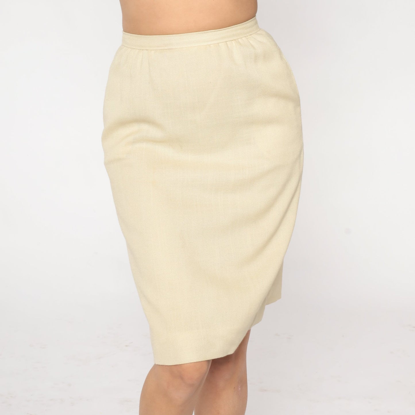80s Cream Pencil Skirt Knee Length High Waisted Rear Zip Extra Small XS
