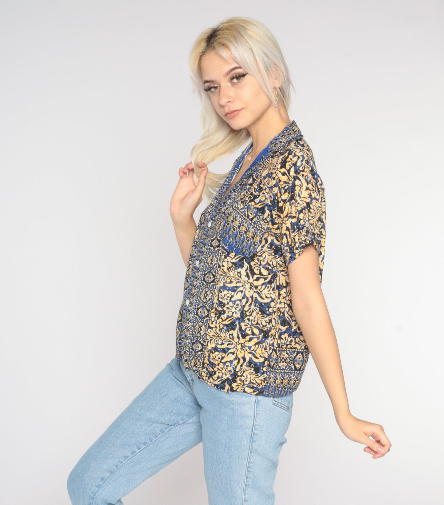 90s Batik Floral Button-Up Blouse Blue Yellow Short Sleeve Small