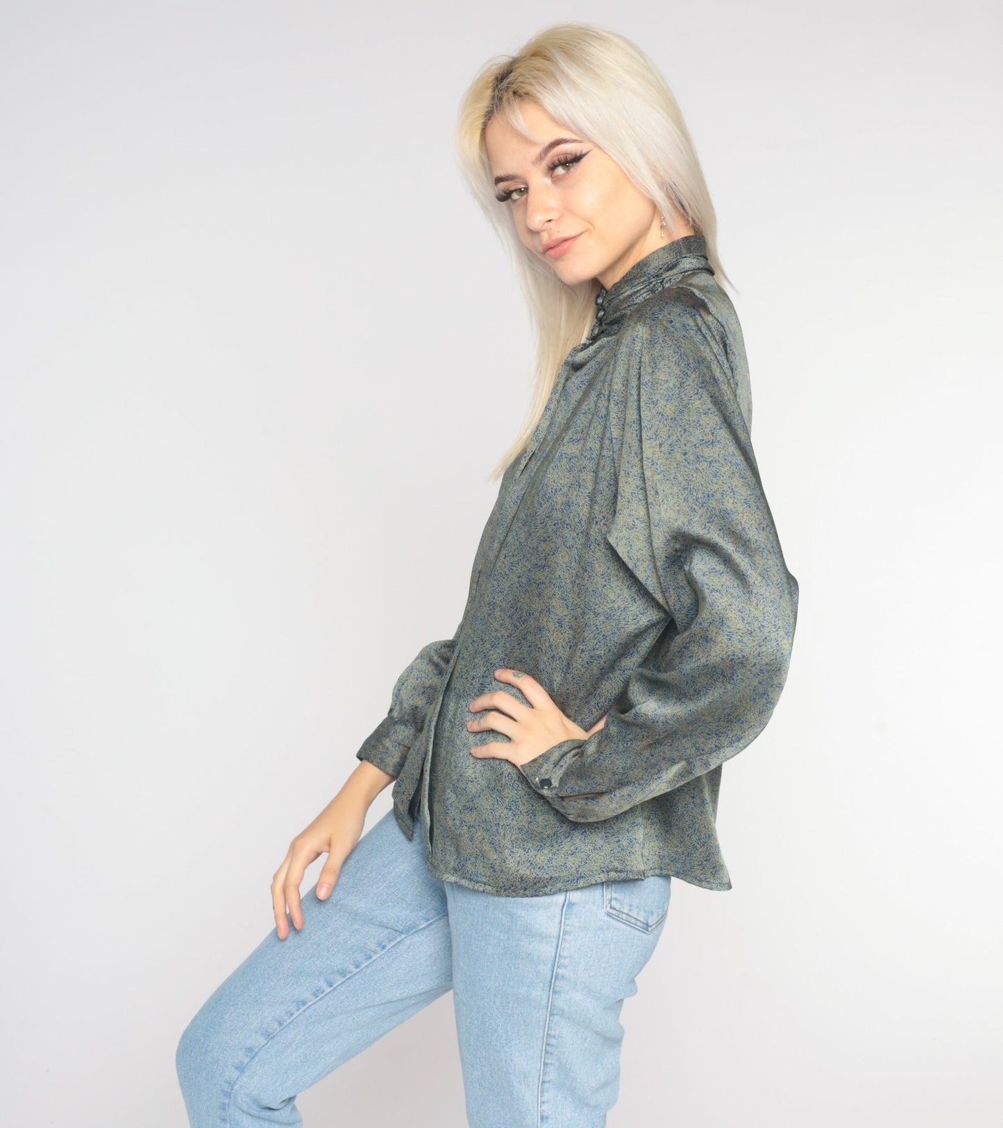 80s Abstract Print Mock Neck Blouse Long Sleeve Secretary Shirt Medium
