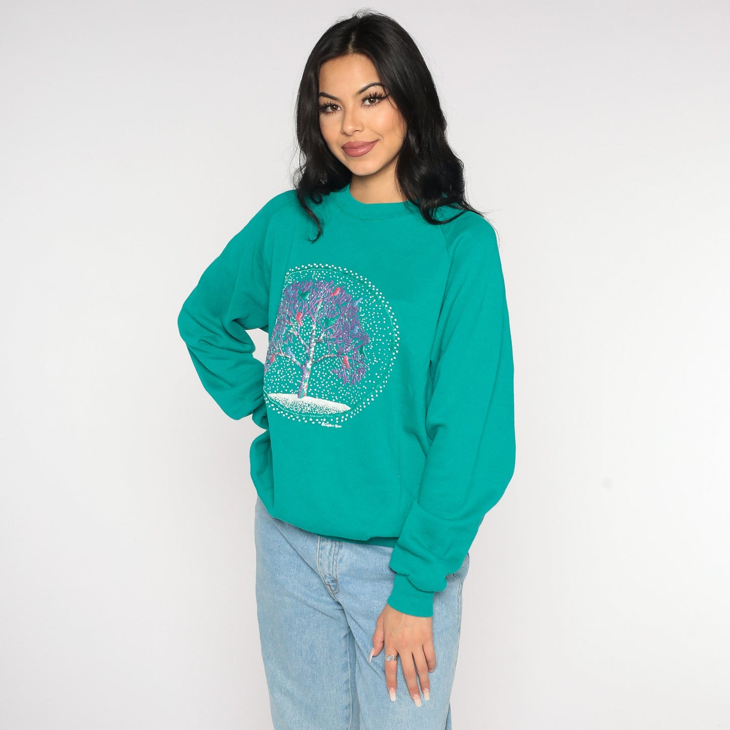 80s Jerzees Bird Tree Raglan Sweatshirt Green Graphic Crewneck Extra Large