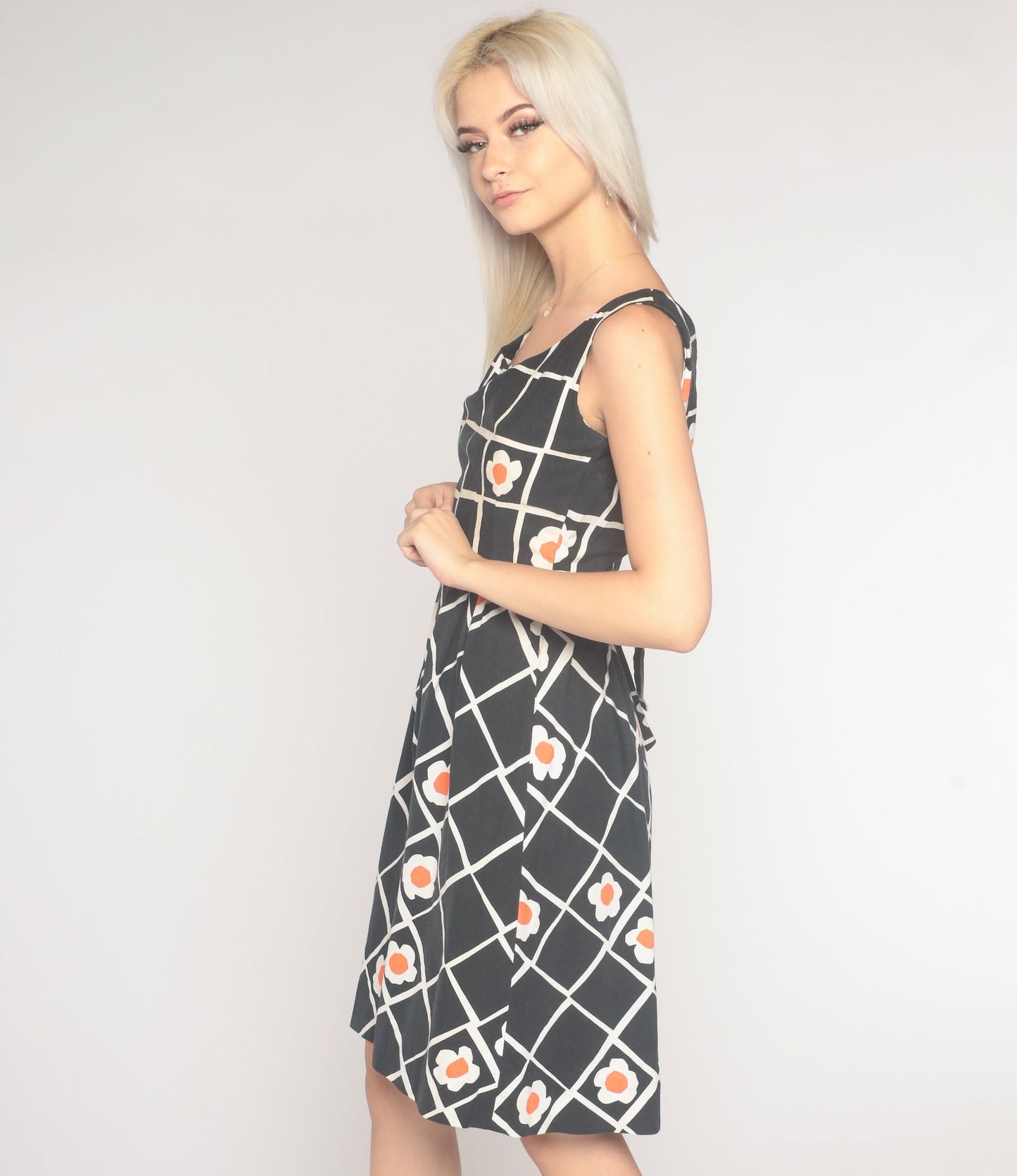 60s Black White Checkered Floral Mini Dress Sleeveless A-Line Extra Small
