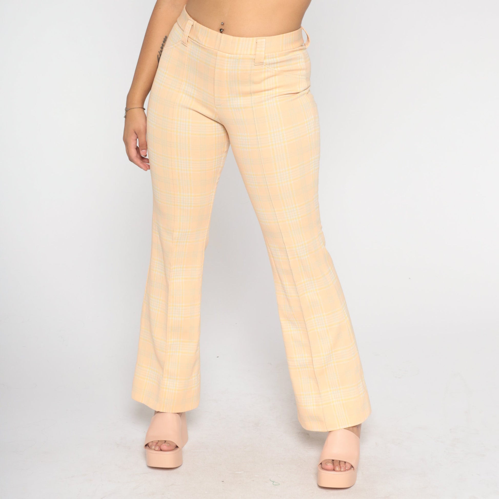 70s Peach Plaid High-Waisted Flared Trousers Medium M