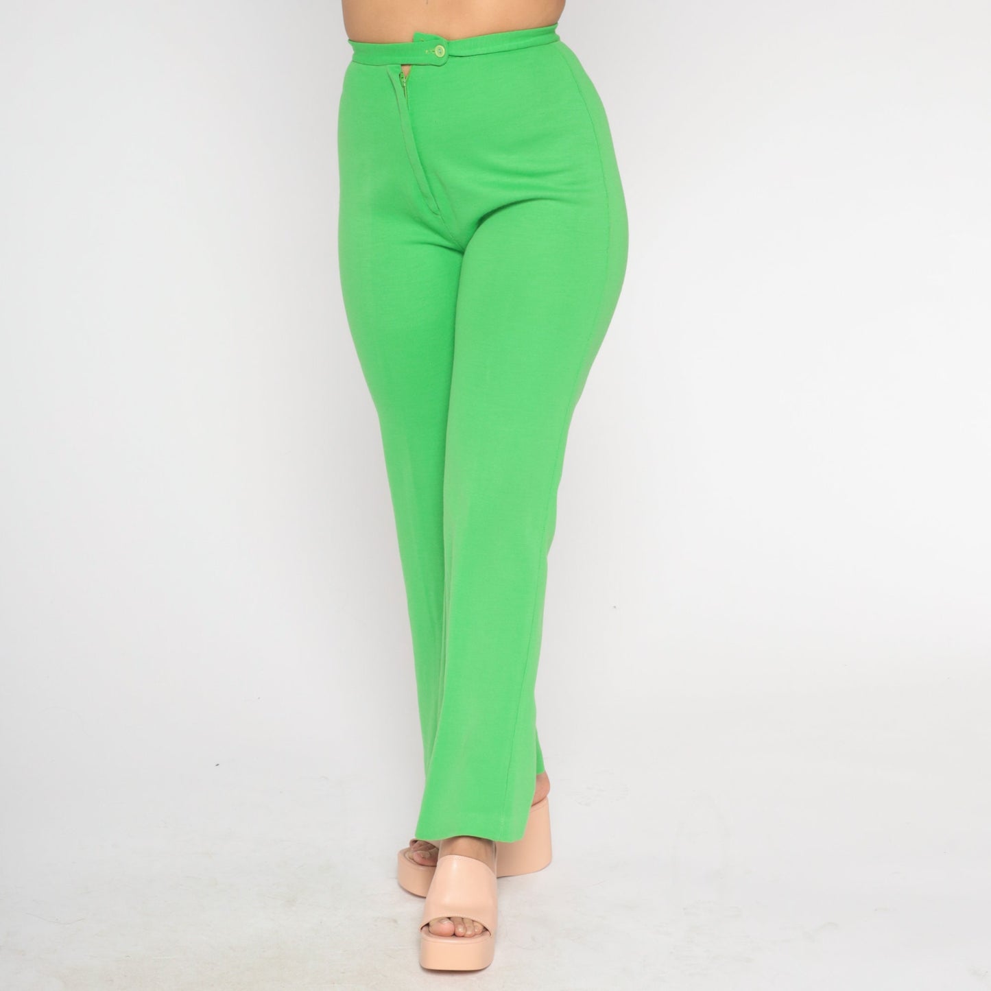 70s Lime Green Bell Bottom Pants High Waist Flared Trousers Small S