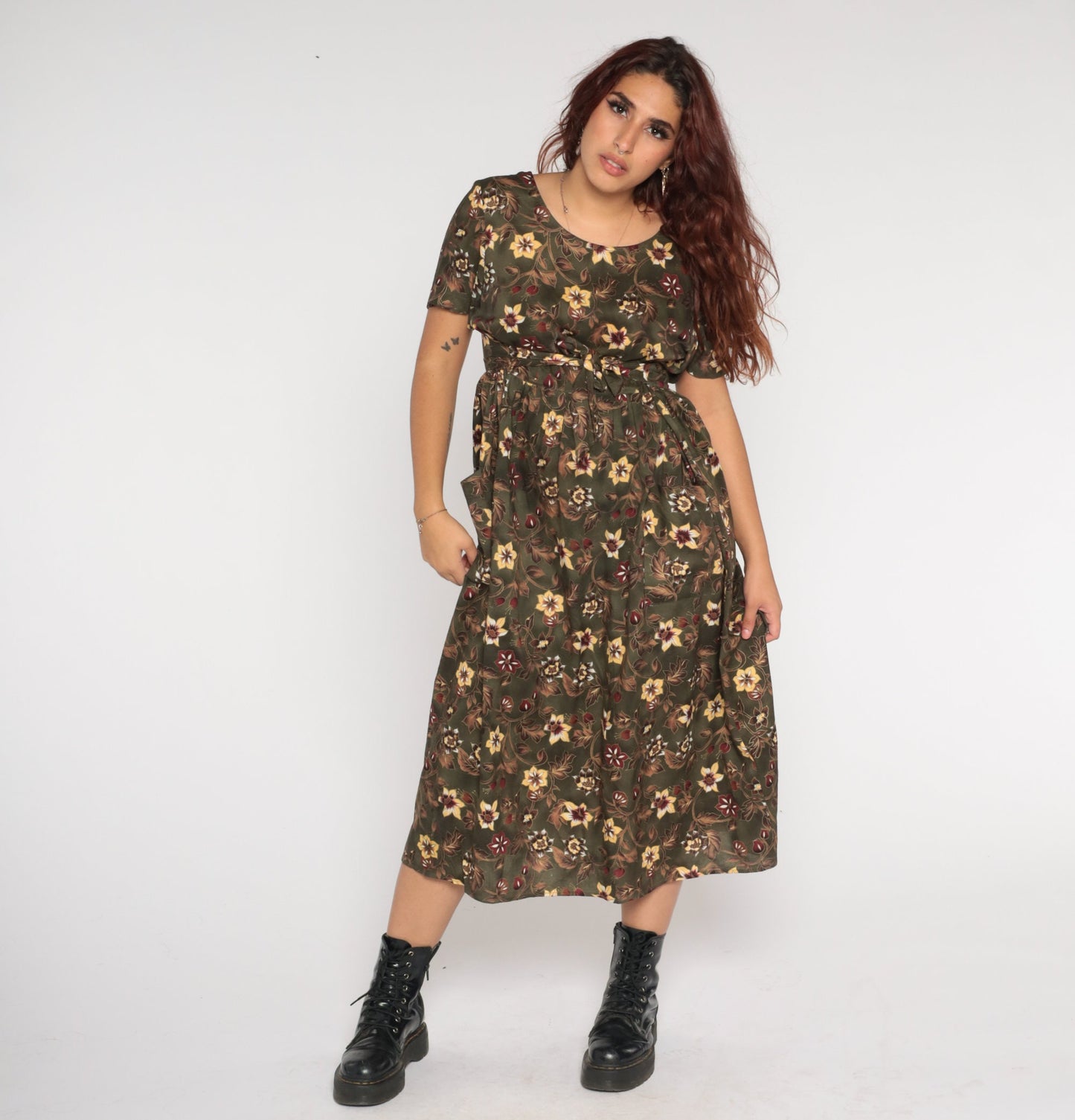90s Dark Green Floral Midi Dress High Waist Tie Belt Rayon Large L