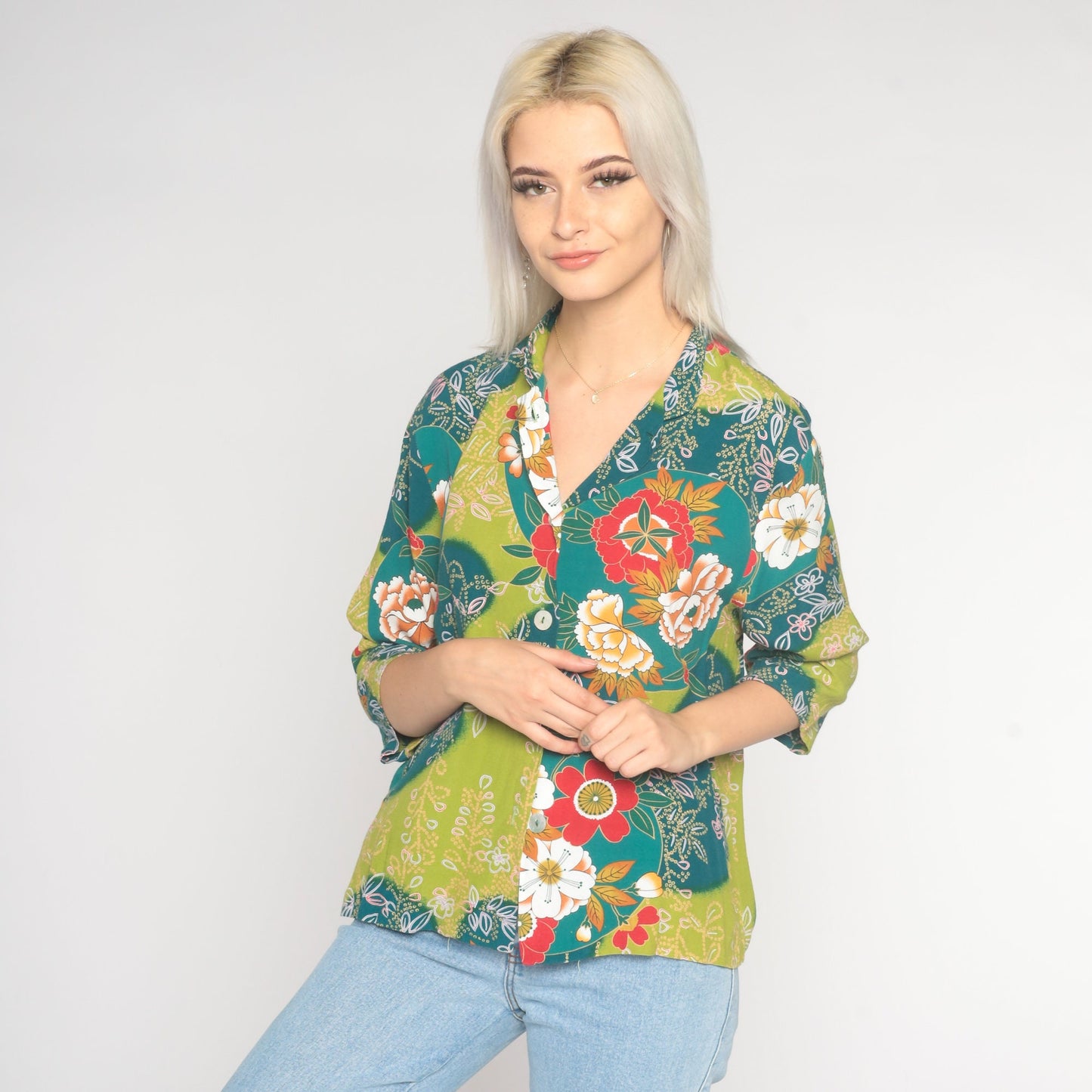 90s Floral Button-Up Blouse Blue Green Rayon 3/4 Sleeve Medium M