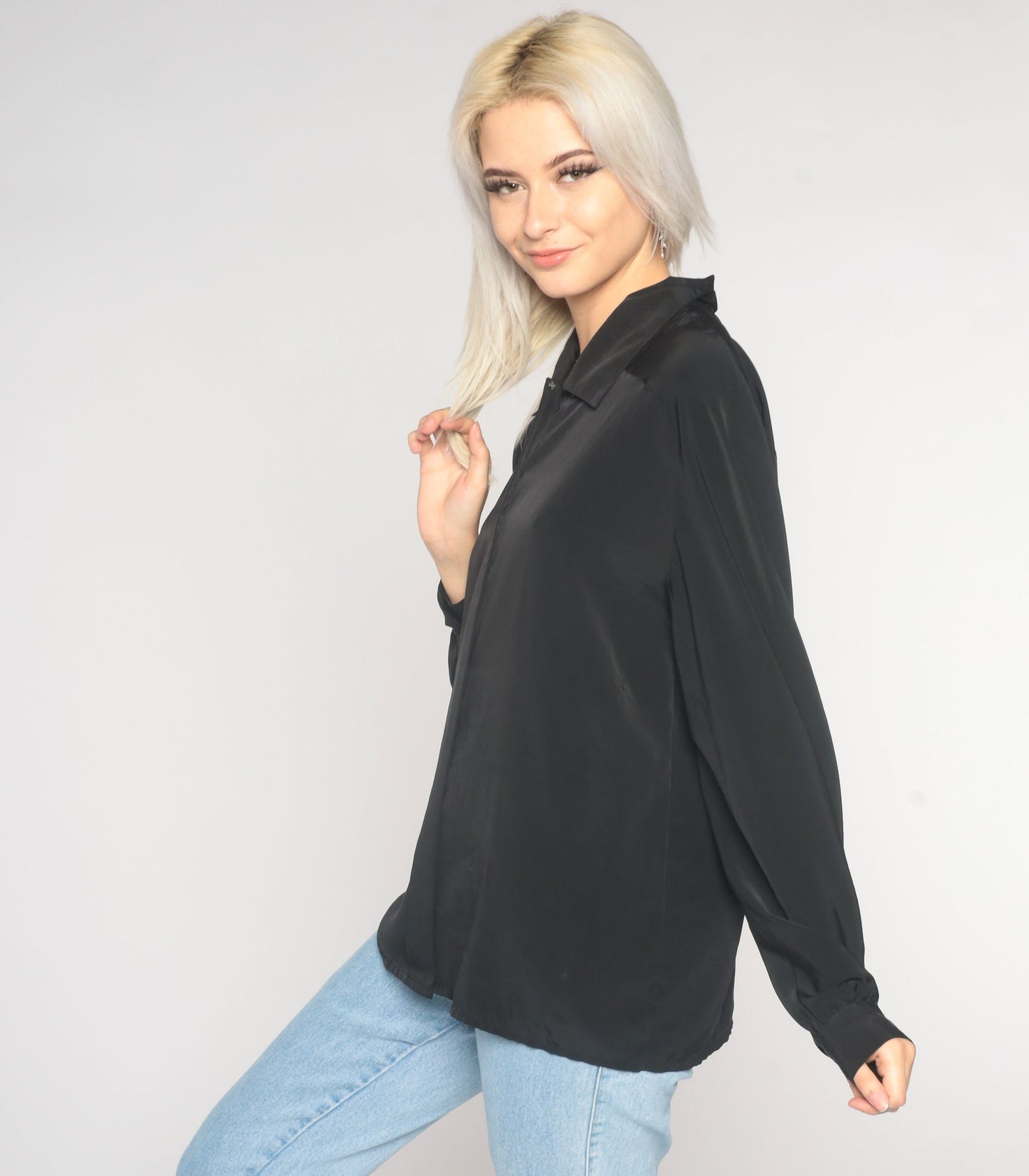 90s Black Button-Up Blouse Long Sleeve Hidden Buttons Large 12