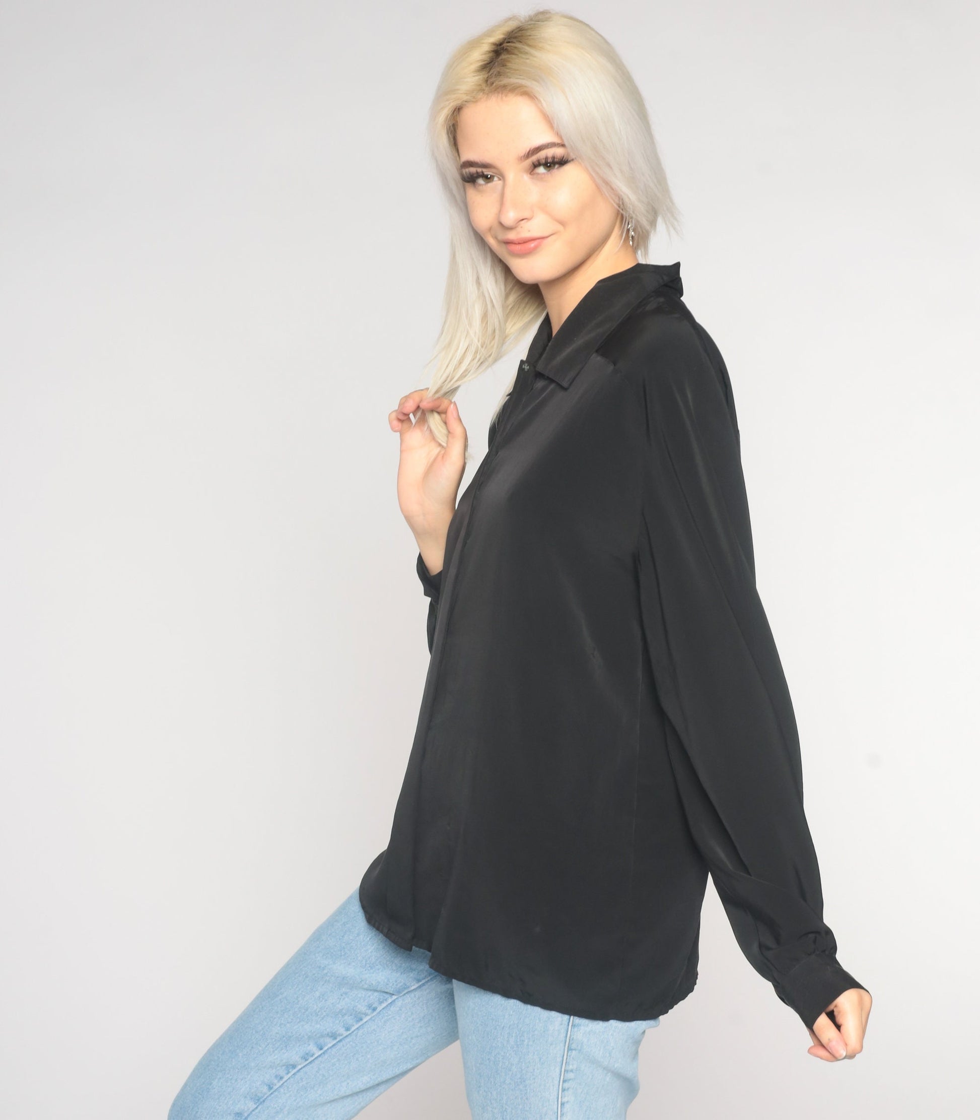 90s Black Button-Up Blouse Long Sleeve Hidden Buttons Large 12