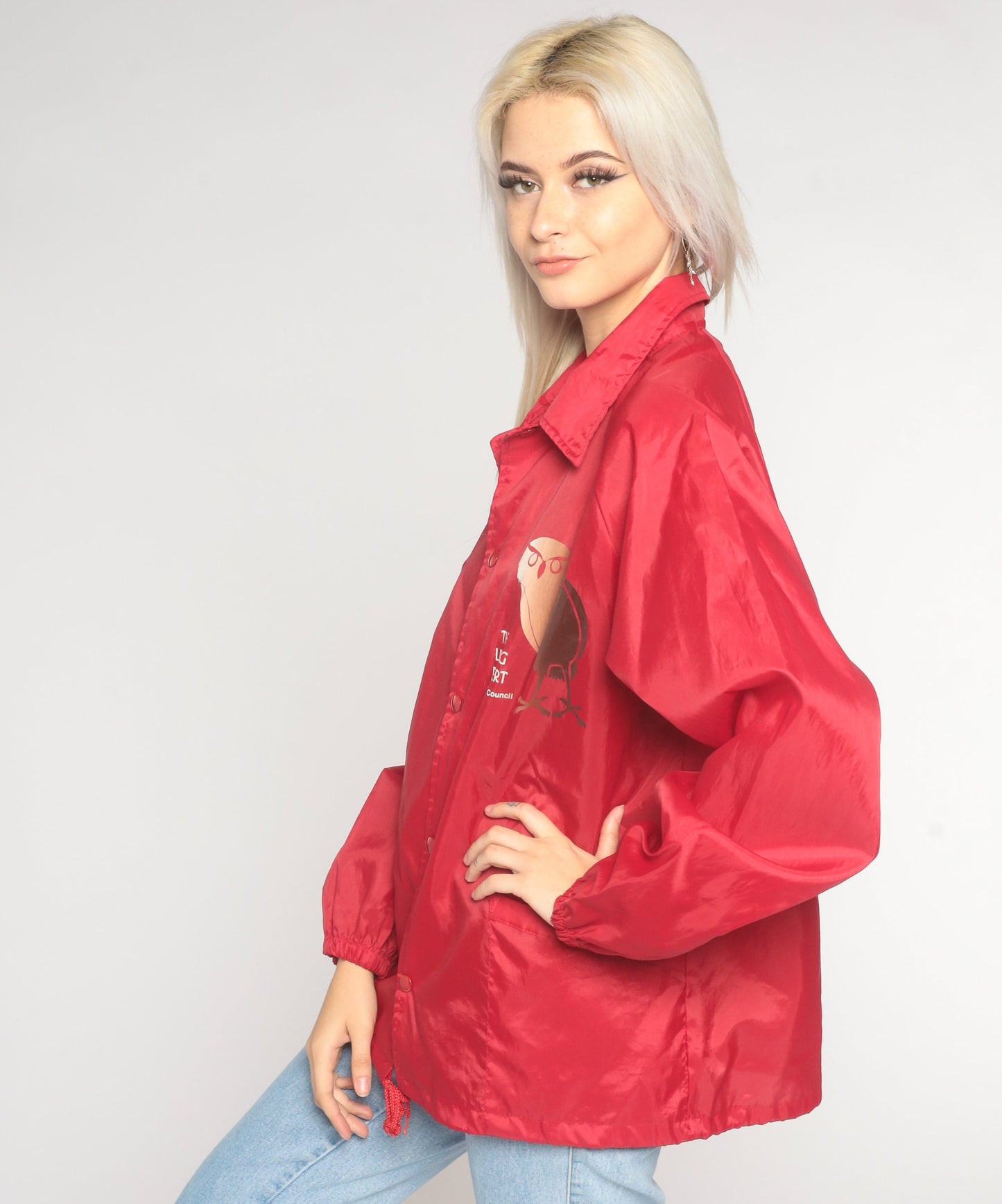 90s The Living Desert Owl Windbreaker Red Nylon Snap Jacket Medium