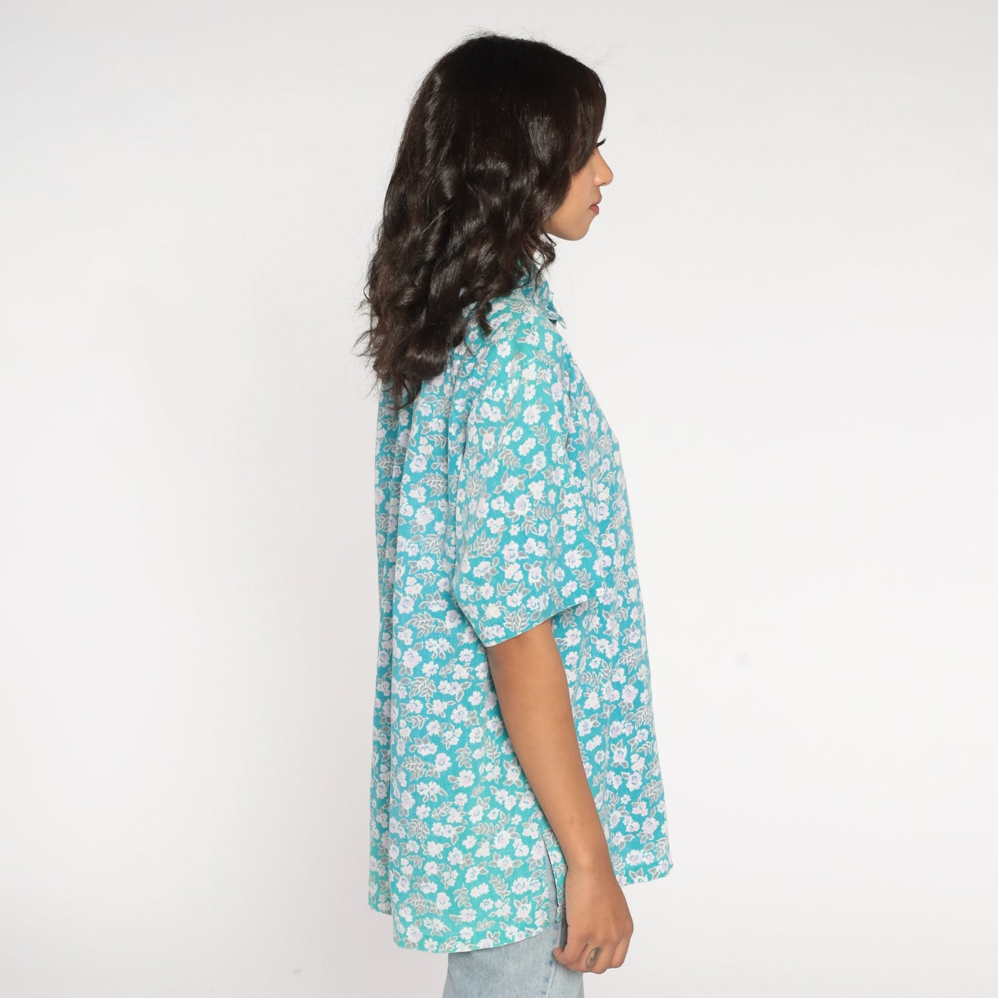 90s Blue Floral Half-Button Shirt Short Sleeve Collared Cotton Blend Large