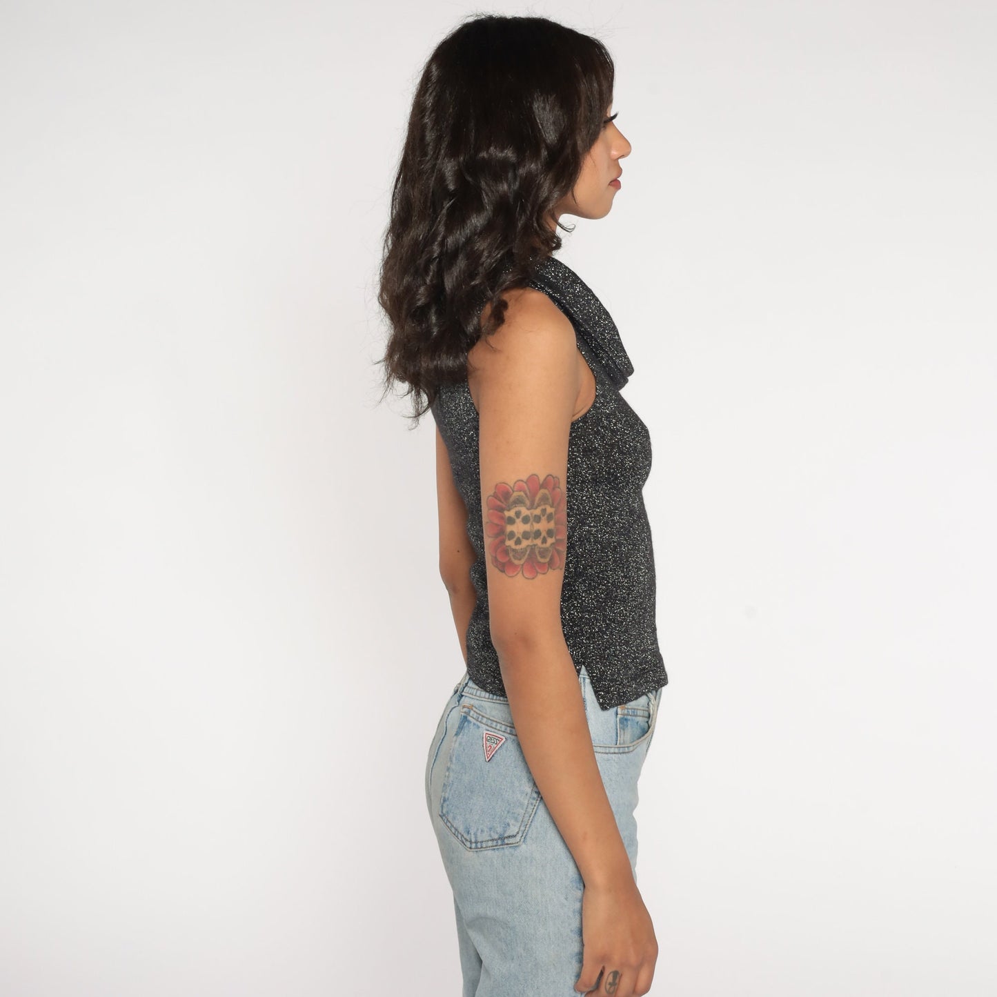 90s Metallic Black Cowl Neck Tank Top Sleeveless Blouse Small S