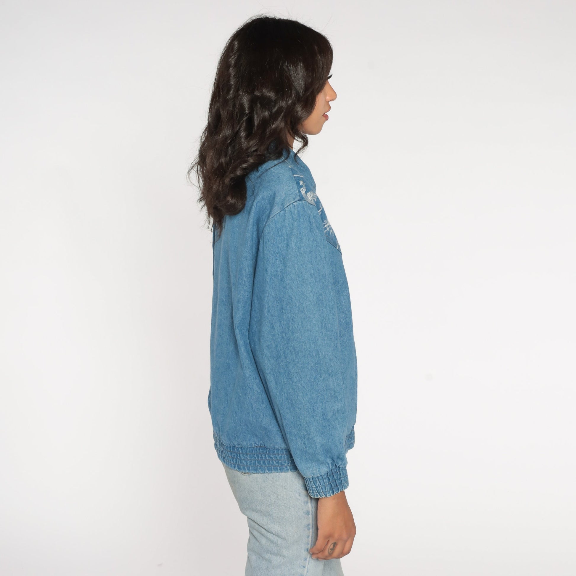 90s Floral Bird Tapestry Denim Jacket Cotton Button-Up Medium