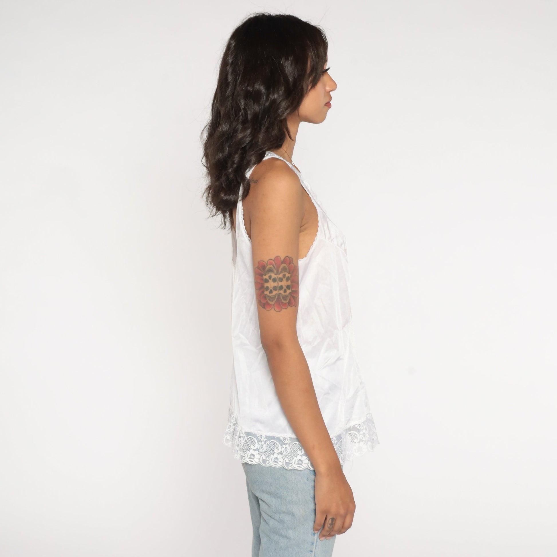 80s White Lace Camisole V-Neck Tank Top Lingerie Large L