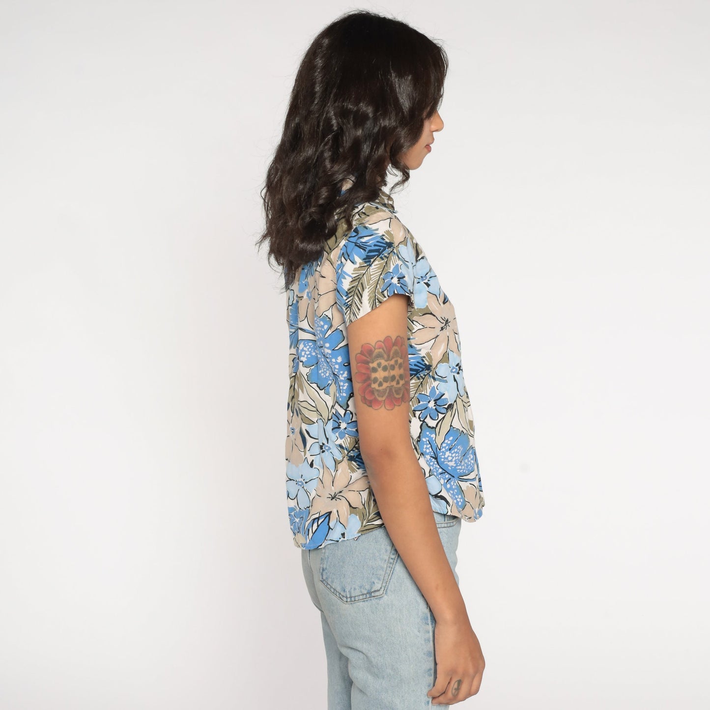Y2K Floral Button-Up Blouse Blue Tan Flower Print Collar Short Sleeve Petite Small