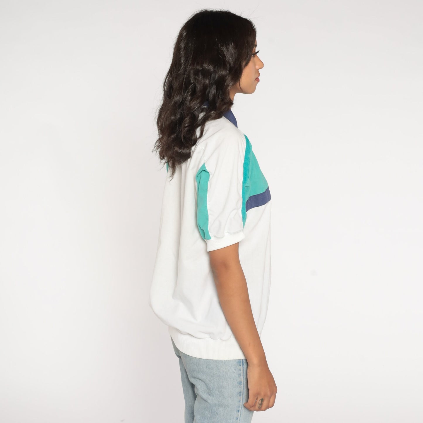 90s Striped Polo Shirt Collared Color Block Short Sleeve White Blue Green Men's Small
