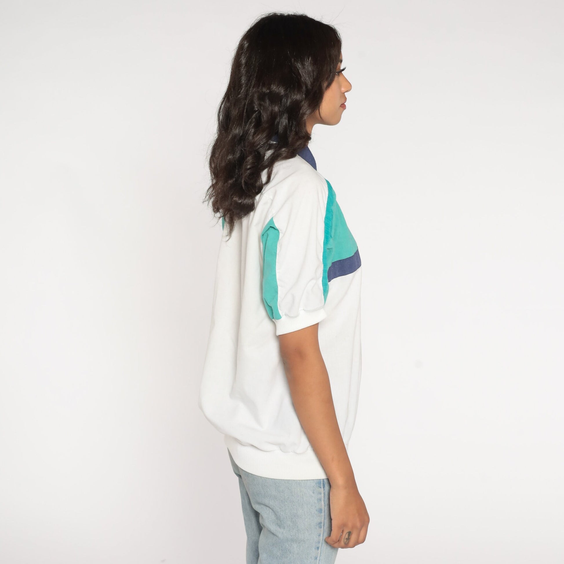 90s Striped Polo Shirt Collared Color Block Short Sleeve White Blue Green Men's Small