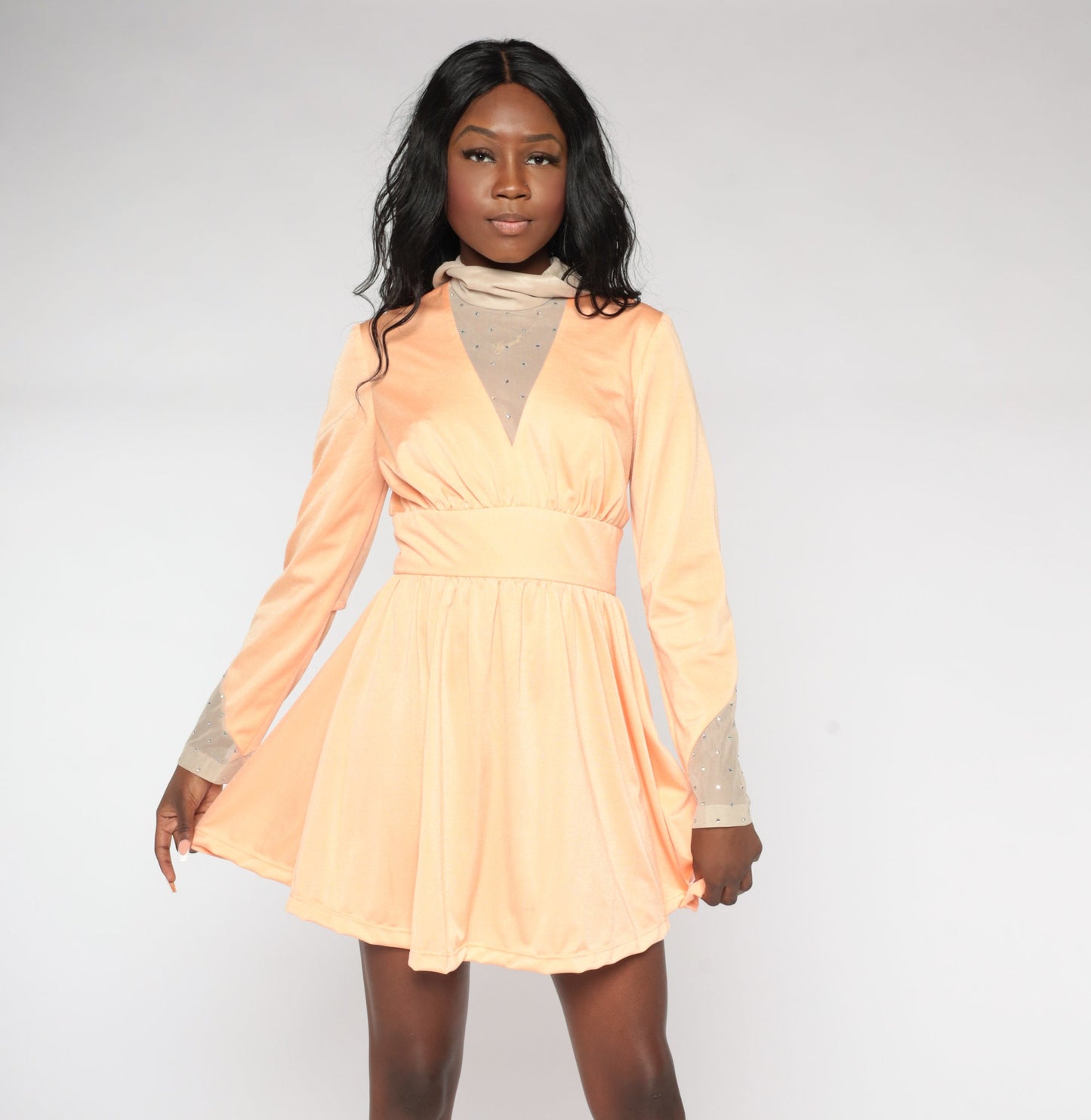 70s Peach Rhinestone Beaded Mini Dress Turtleneck Empire Waist Long Sleeve Medium